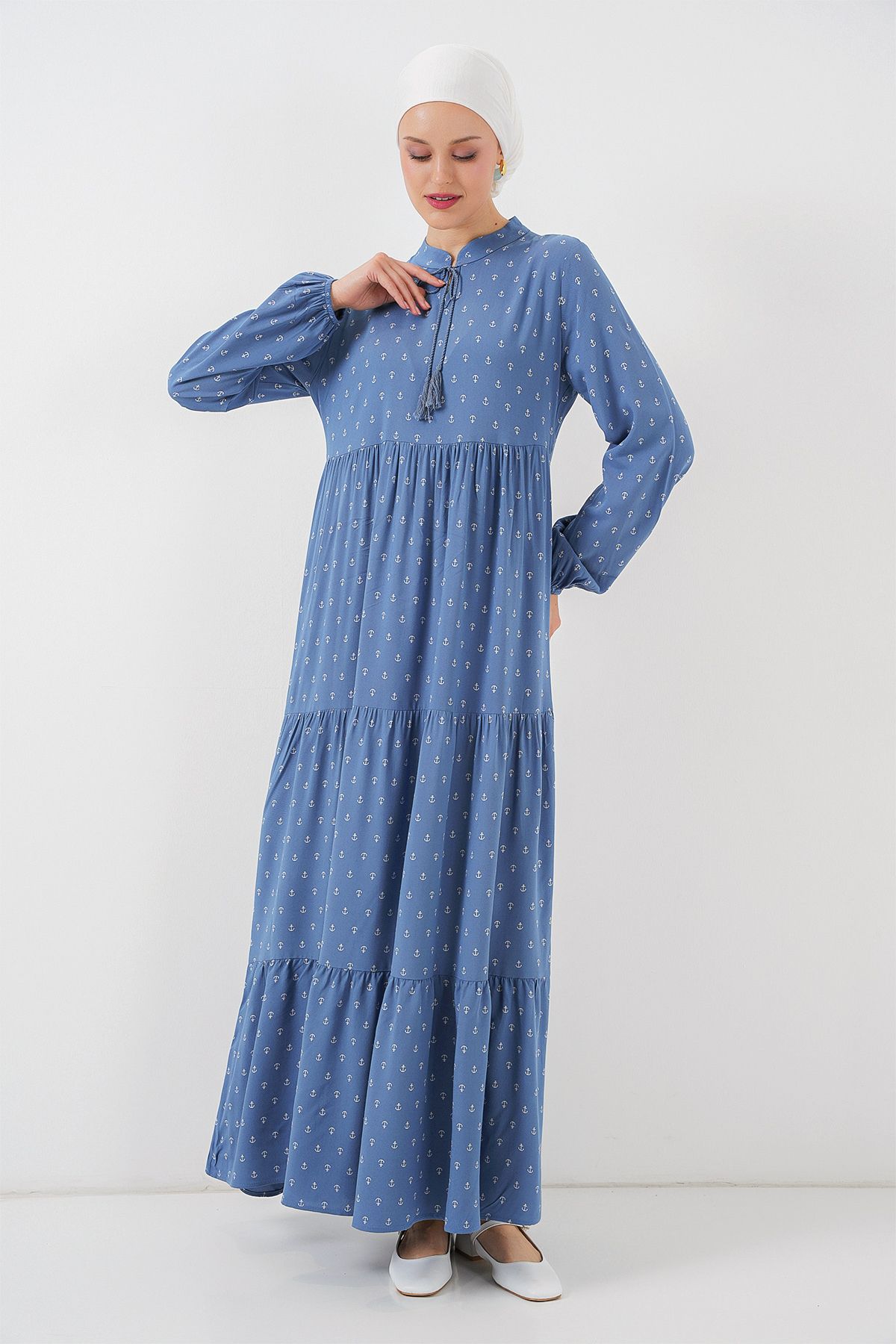 Bigdart-1627 Rochie Hijab cu șireturi - Albastru 3