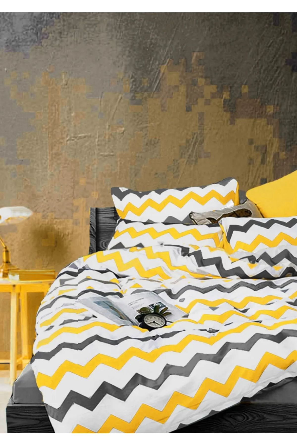 ÇIQRIK HOME-One-Piece Ranzorce Duvet Cover Set with Elastic Sheets Zızag Pattern 3