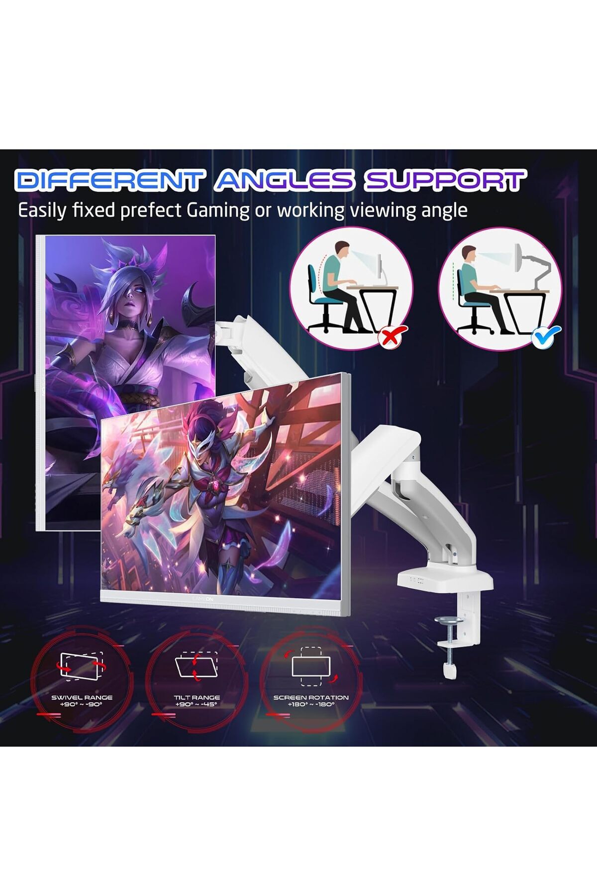 GAMEON-GO-5450 Dual Monitor Arm, Gaming And Office Use, Supports 17" - 32”, Each Arm Up To 2-9 KG - White 4