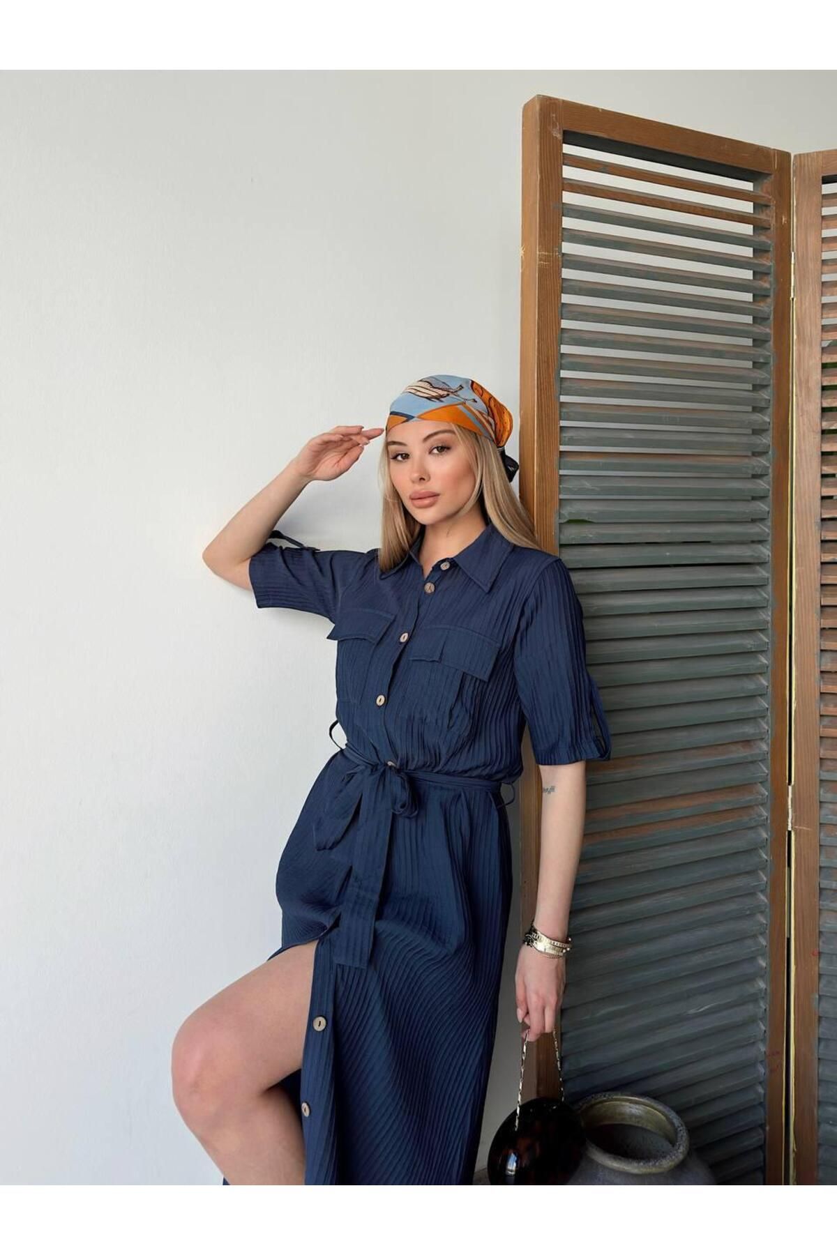 LE CARAMBOLE-Women's Navy Blue Polo Neck Pocket Belted Front Button Long Dress 6