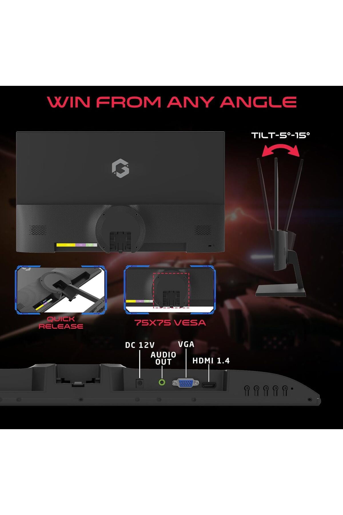GAMEON-شاشة ألعاب GB24F75 مقاس 24 بوصة، دقة FHD VA، 75 هرتز، 5 مللي ثانية، HDMI 1.4، مكبرات صوت مدمجة، أسود 4