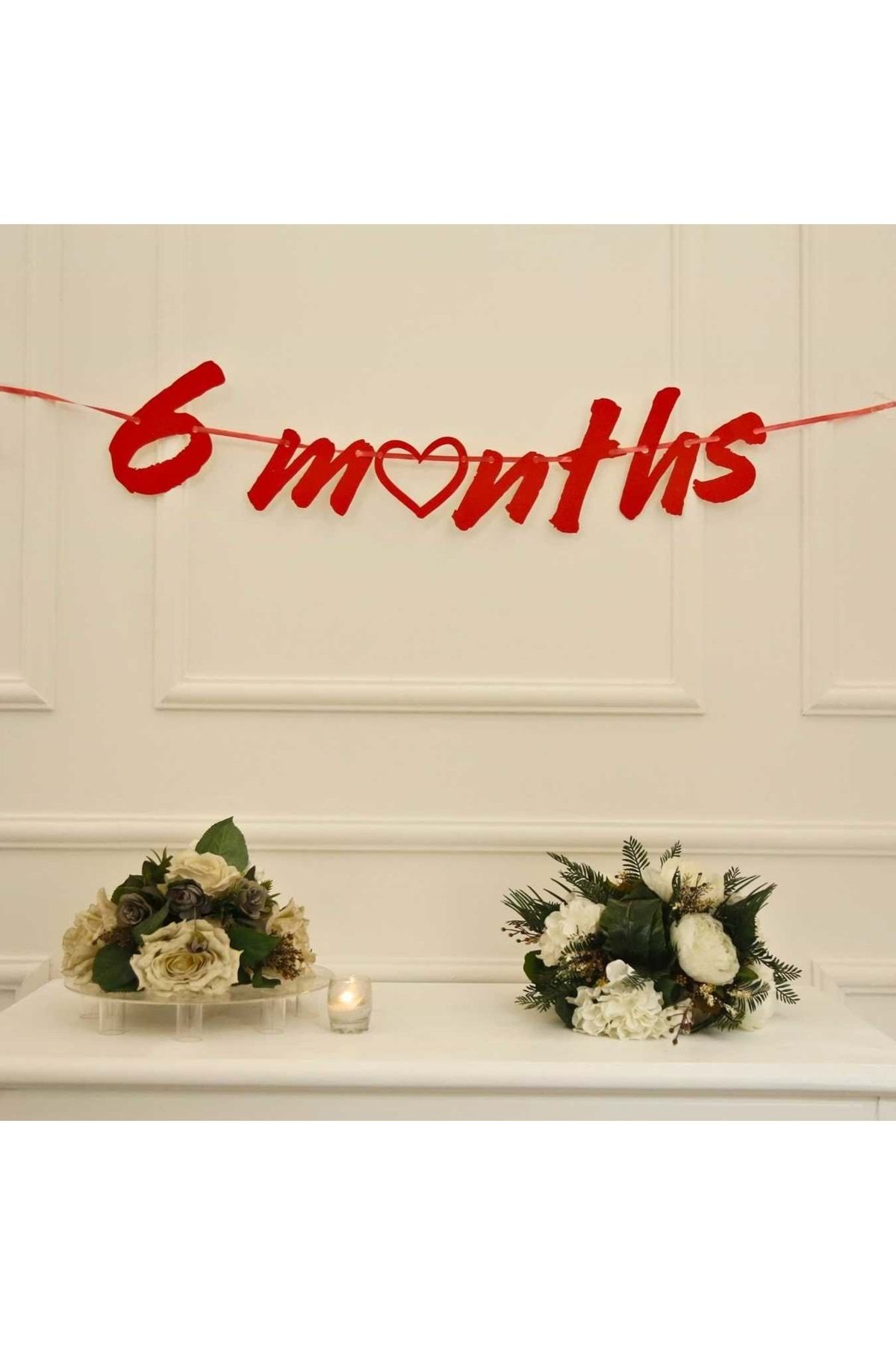 Organizasyon Pazarı 6 Months Simli Kırmızı Renk Banner İpli Duvar Süsü Yarım Yaş Altı Ay Parti Süsü