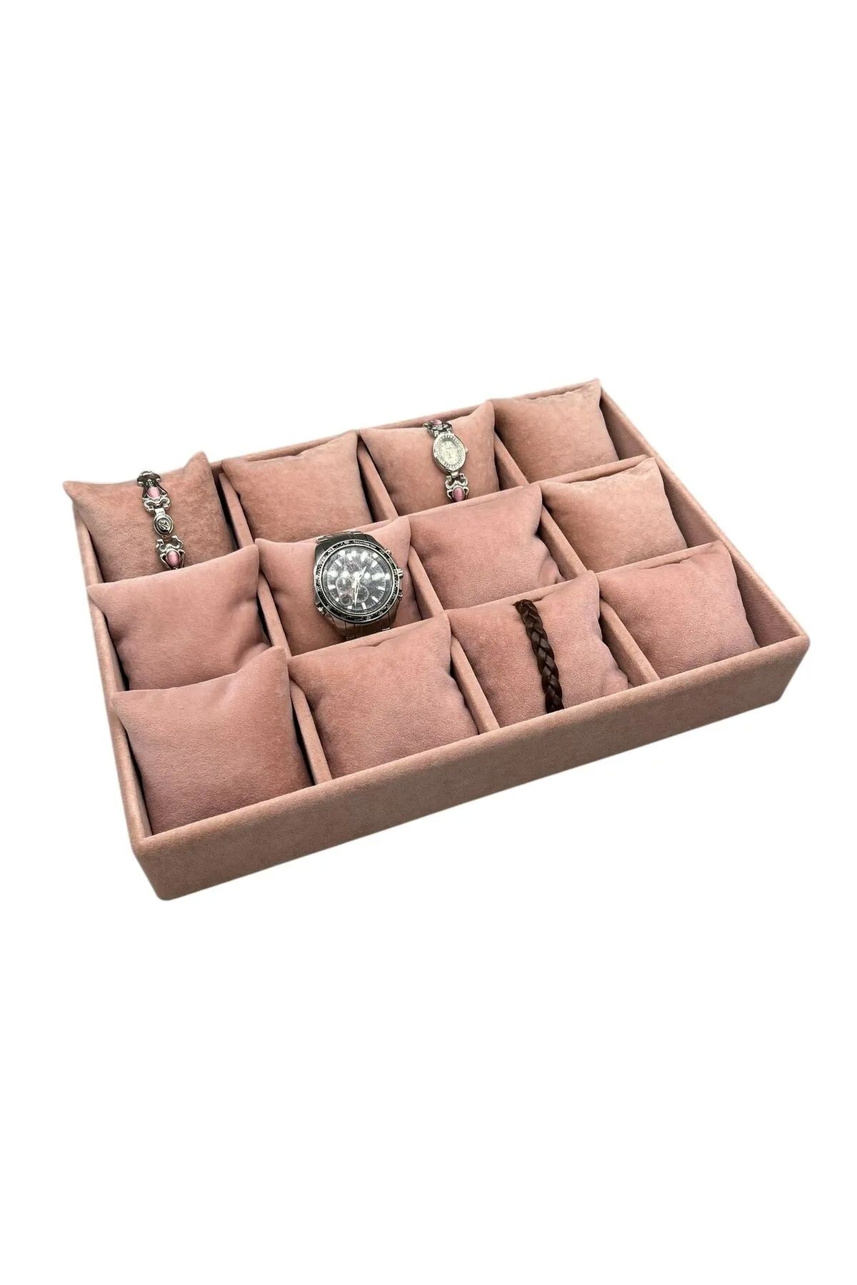 MeGass Dekor Süet Kumaş Pembe Renk 34/24 Cm 12 Yastıklı Çekmece Içi Takı Kutusu