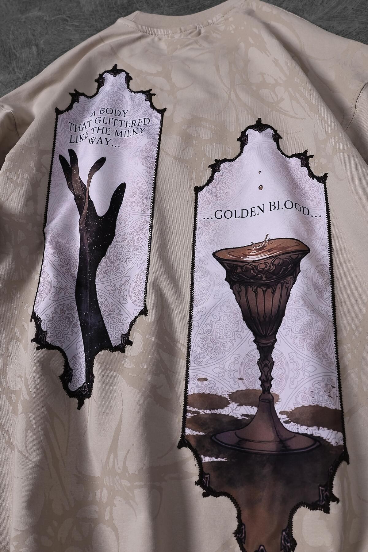 Slatra-Men's Beige Golden Blood Printed Patched Oversize Half Zipper Tshirt 4