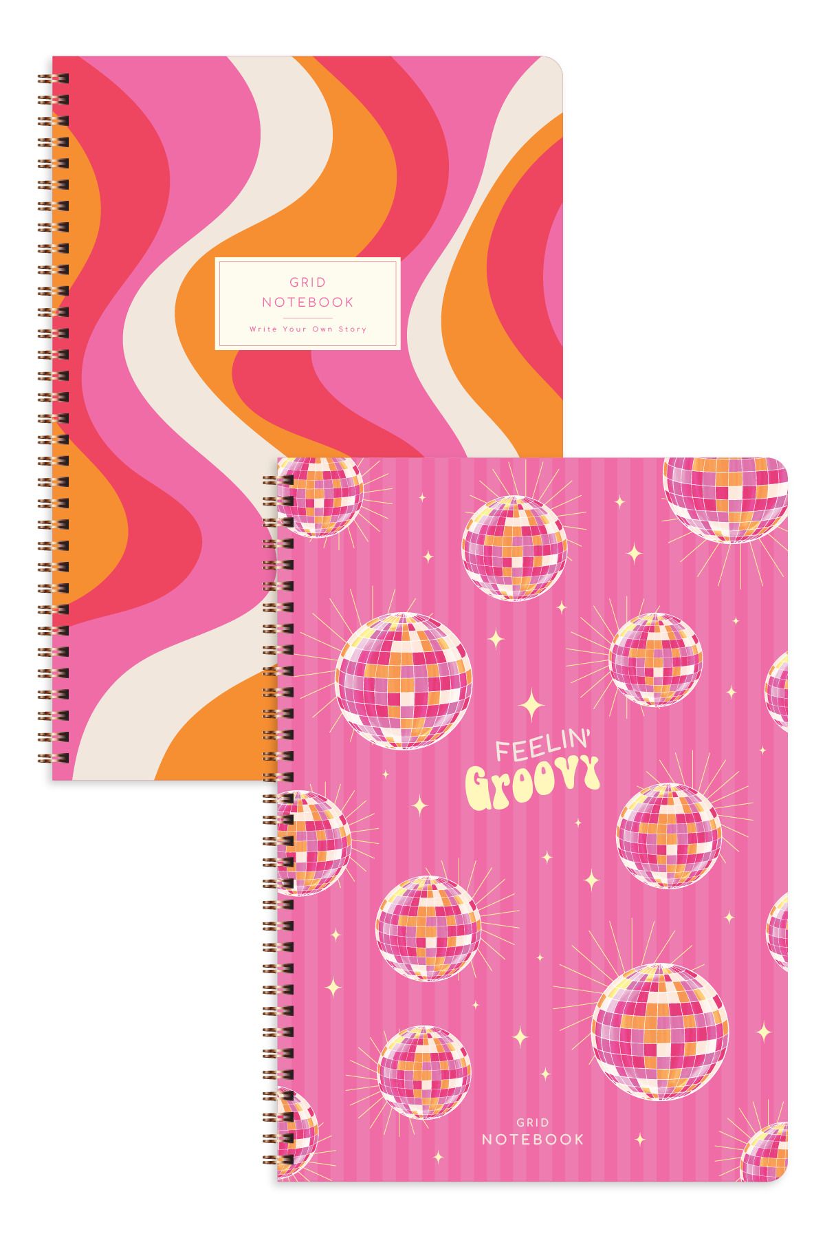 PAPERORA-A4 Spiral Cardboard Cover Set of 2 Checkered School Notebook 80 Sheets, Retro Disco with Lesson Schedule 7