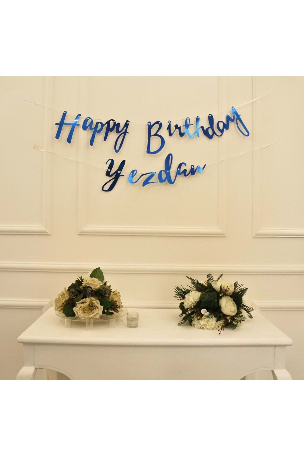 Organizasyon Pazarı Kişiye Özel Mavi Renkli Happy Birthday El Yazısı Banner