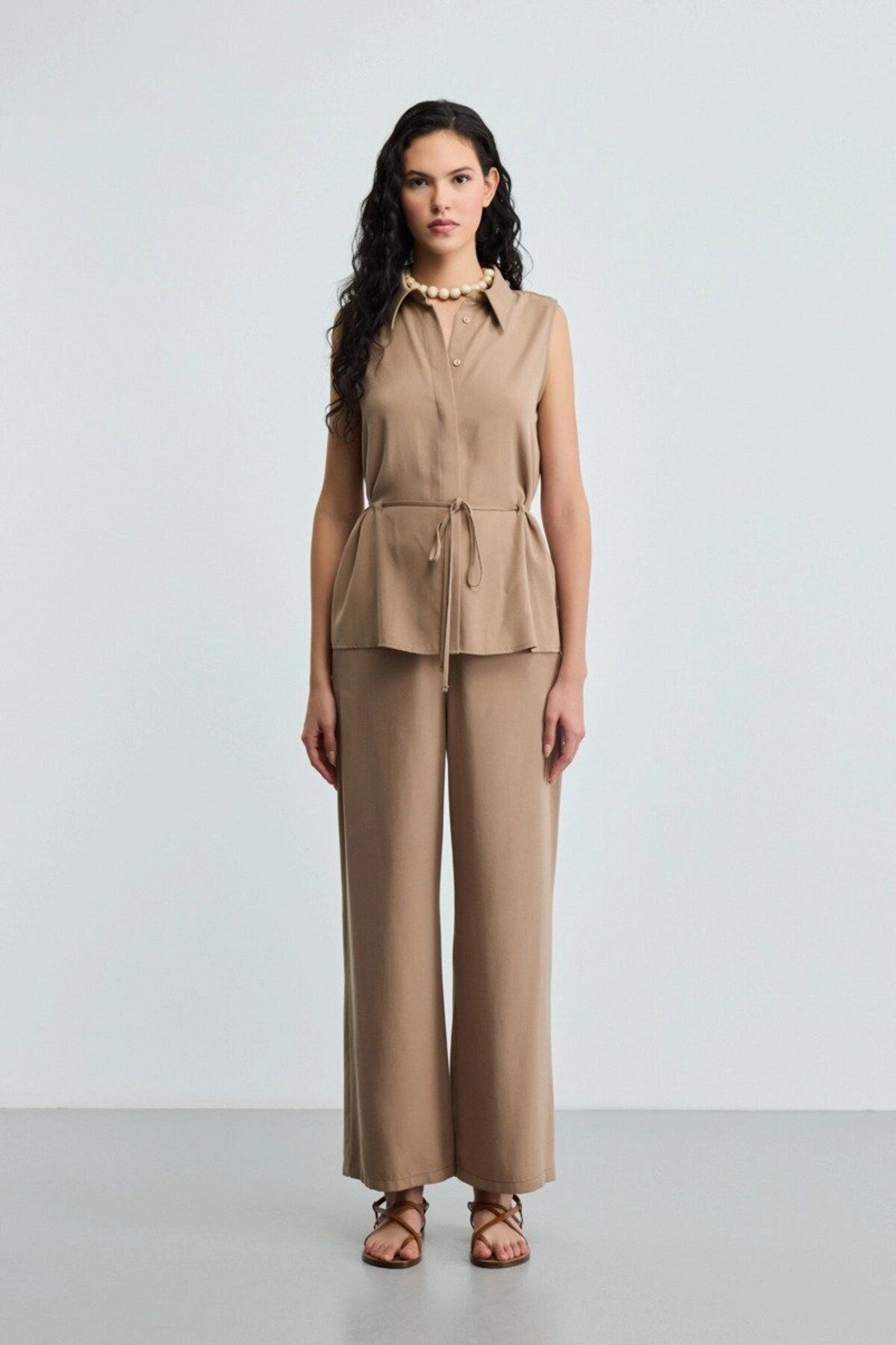 Gusto Beli İp Kemerli Pantolon - Vizon