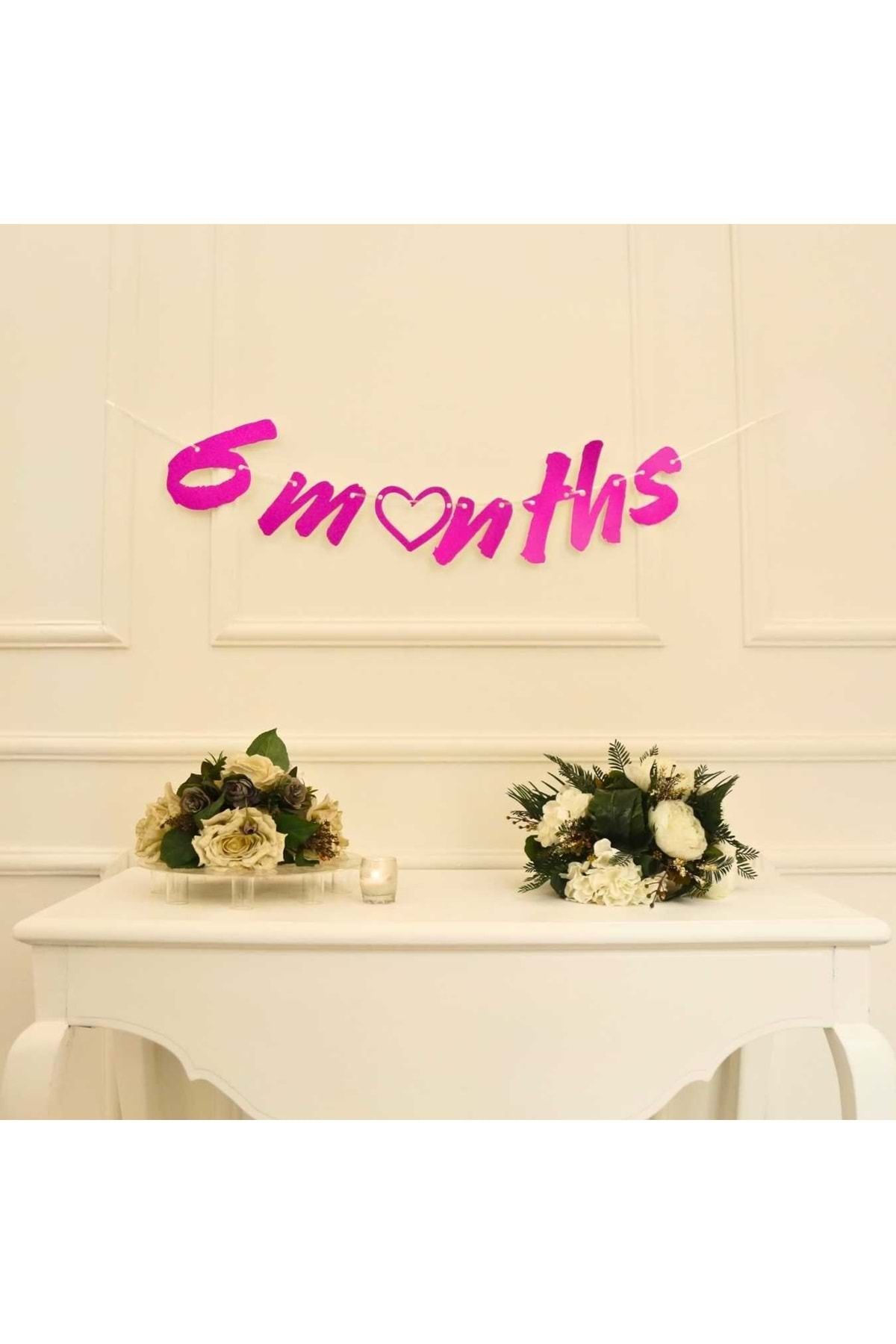 Organizasyon Pazarı 6 Months Simli Pembe Renk Banner İpli Duvar Süsü Yarım Yaş Altı Ay Parti Süsü