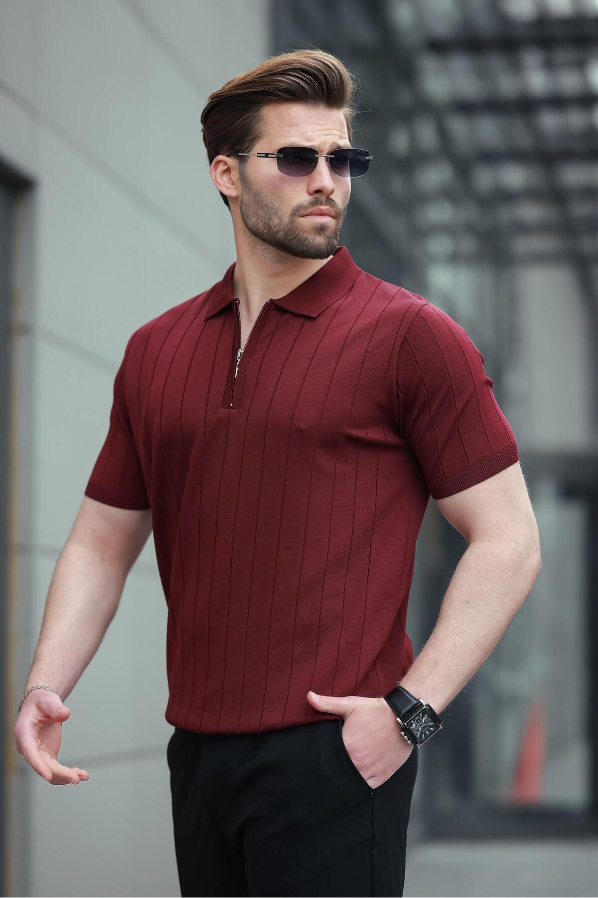 Madmext-Claret Red Polo Neck Zippered Men's T-Shirt E7298 2