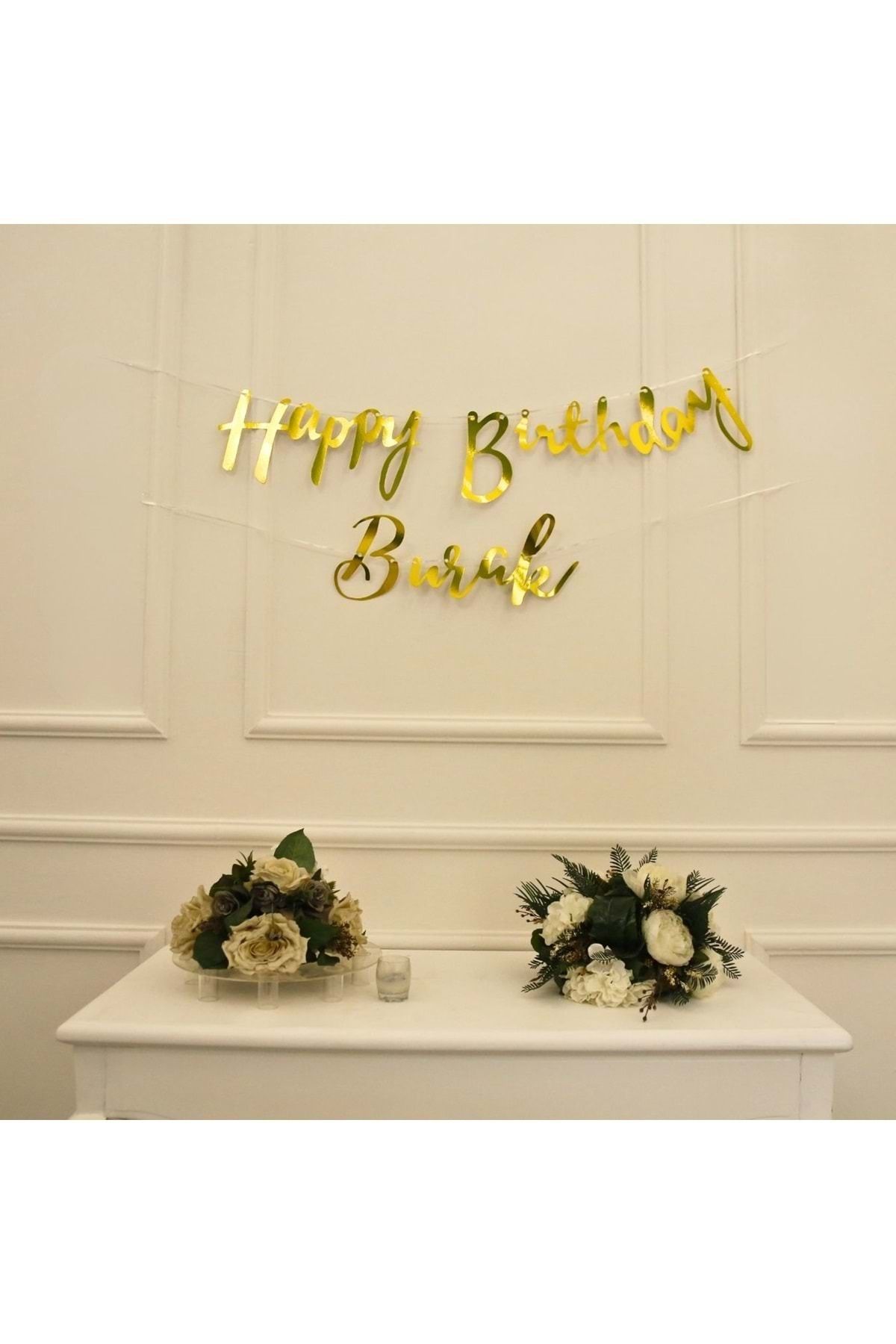 Organizasyon Pazarı Kişiye Özel Gold Renkli Happy Birthday El Yazısı Banner