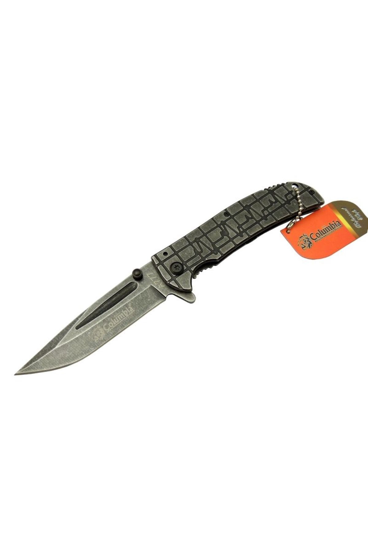 karadağsb A777 Oluklu Eskitme Kamp Çakı Bıçağı 23 Cm - Otomatik, Desenli Metal Saplı