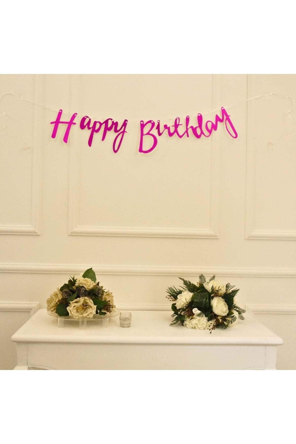 Organizasyon Pazarı Pembe Simli Renkli Happy Birthday El Yazısı Banner