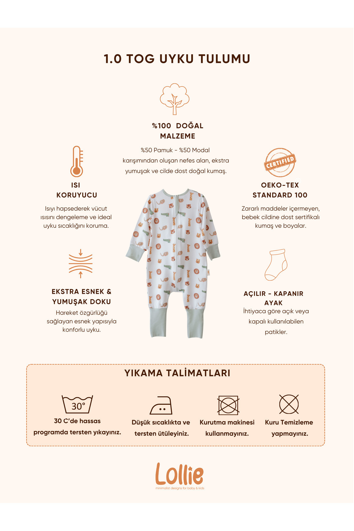 Lollie Baby&Kids Bebek Uyku Tulumu 1.0 TOG, Modal & Pamuk - Safari Hayvanları fotoğrafı 6 (önizleme)