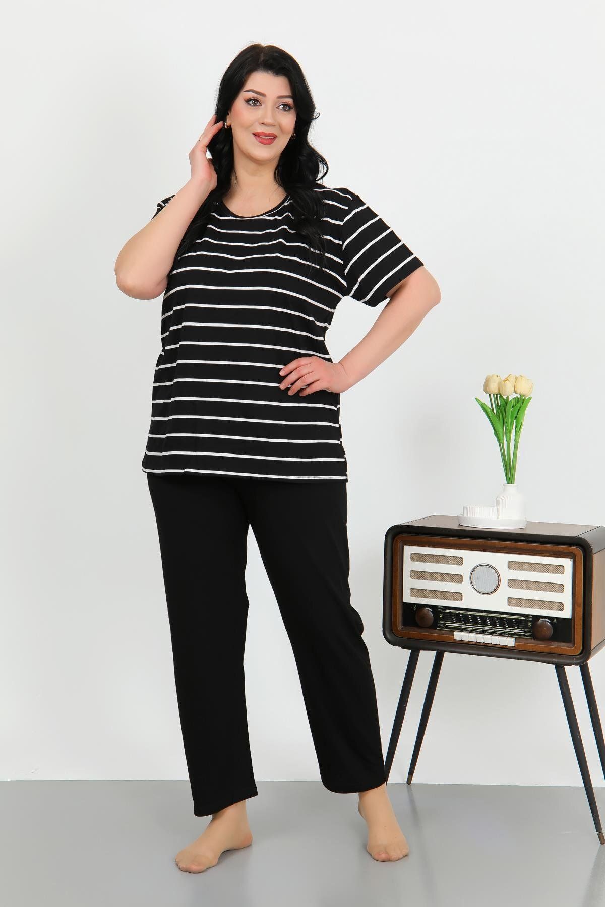 Akbeniz-Women's Plus Size Short Sleeve Pajamas Set Black Gx9688 3
