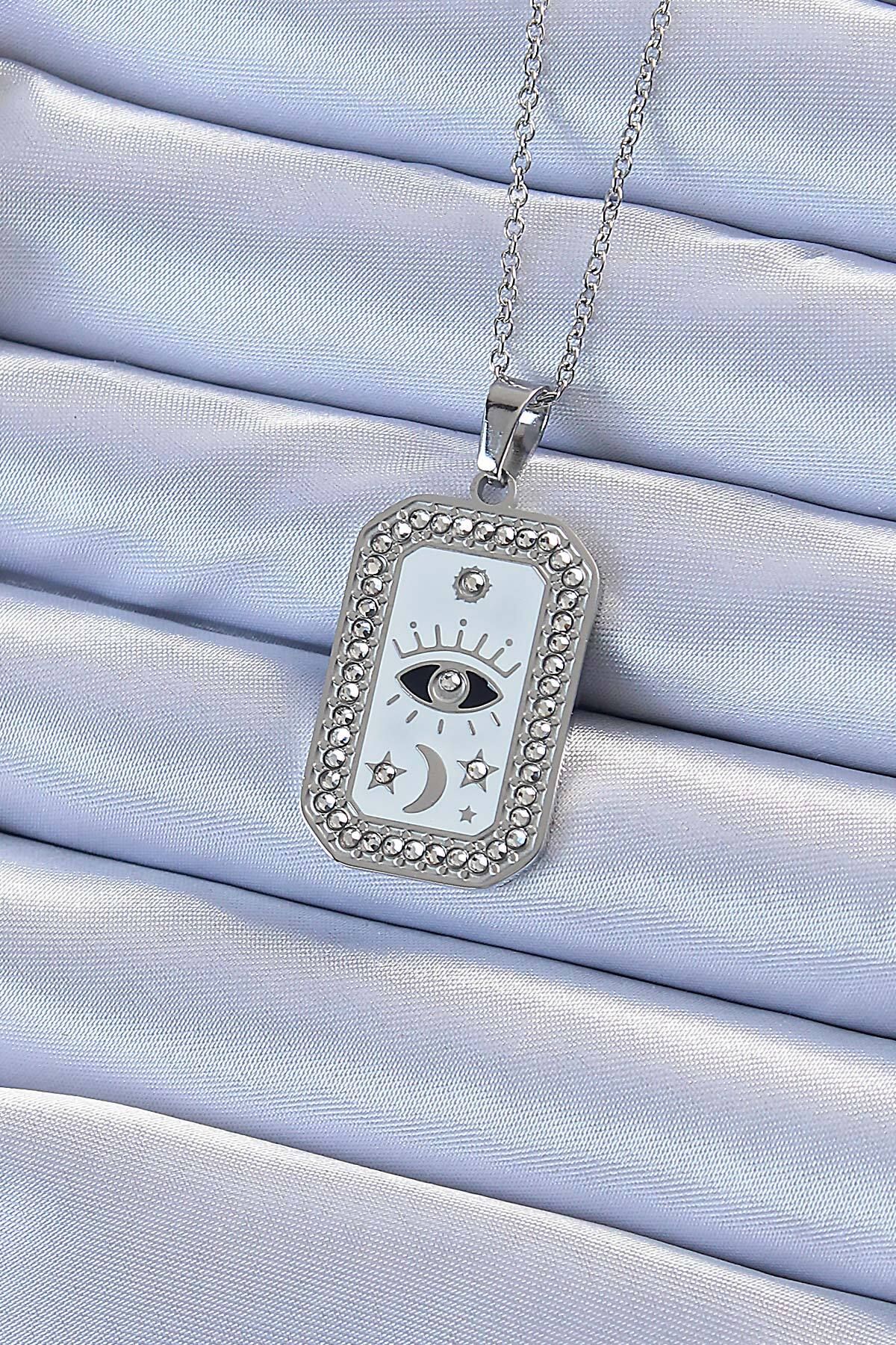 karadağsb 316L Çelik Zincir Gümüş Renk Mineli Zirkon Taşlı Göz Figür Tarot Kolye - Tj-Bko9214