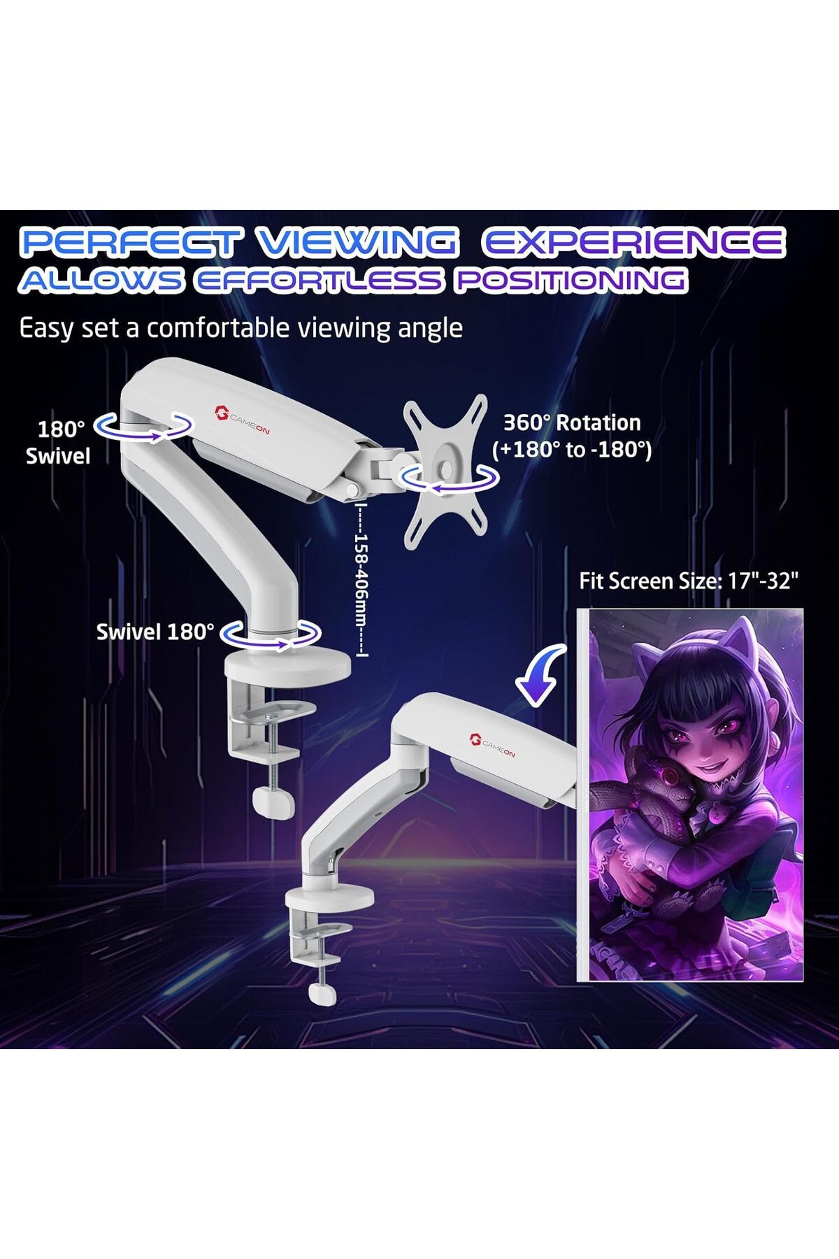 GAMEON-GO-5400 Mechanical Spring, Single Monitor Arm For Gaming And Office Use, Supports 17" - 32”, White 6
