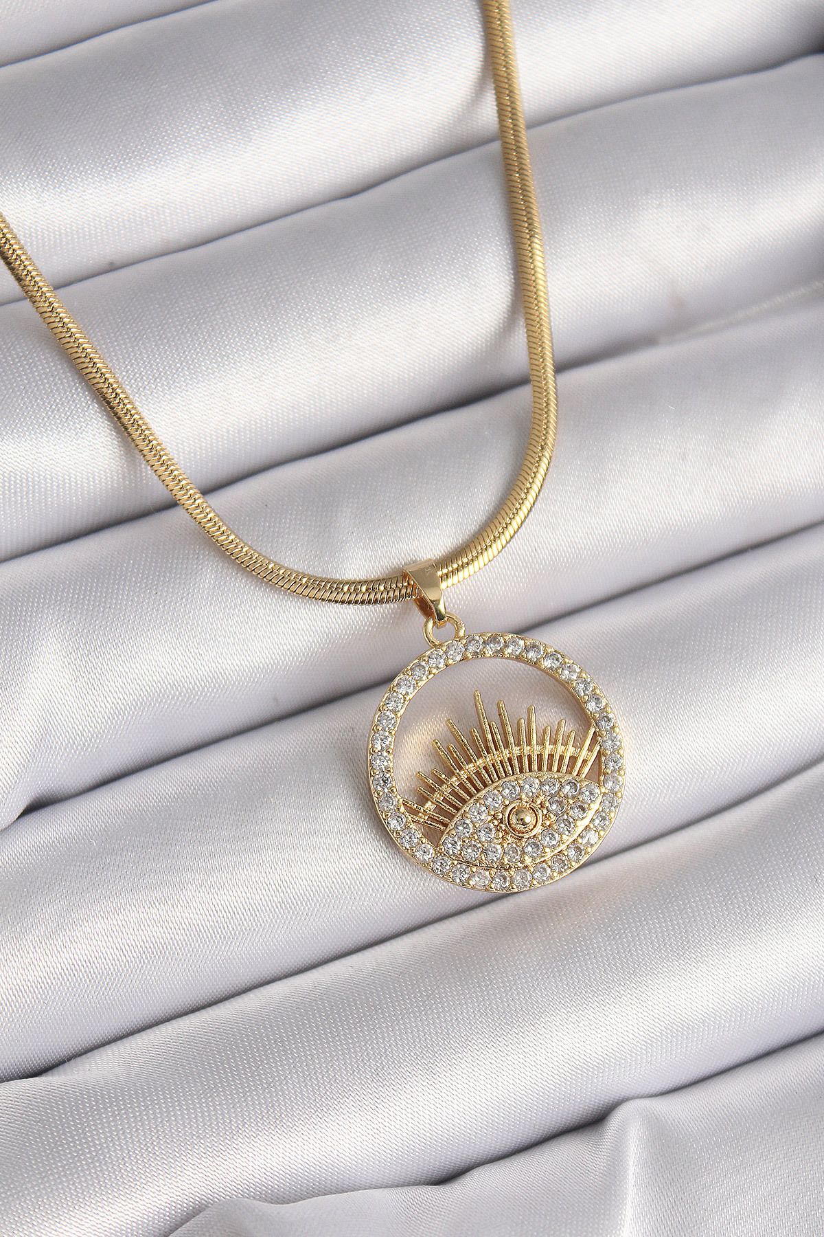 karadağsb 316L Çelik Gold Renk İtalyan Zincir Zirkon Taşlı Göz Model Kadın Kolye - Tj-Bko9593