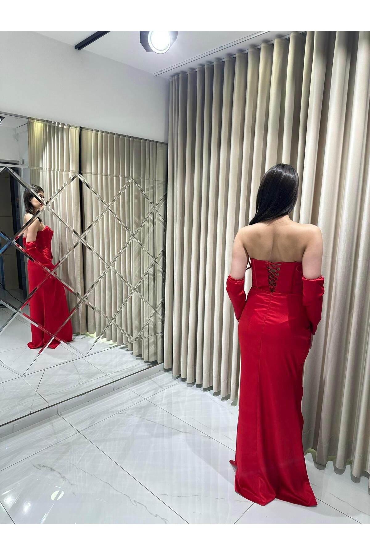 Kaleiçi Yıldızlar-Red Satin Bodice Evening Dress with Mobile Sleeves 5556 5