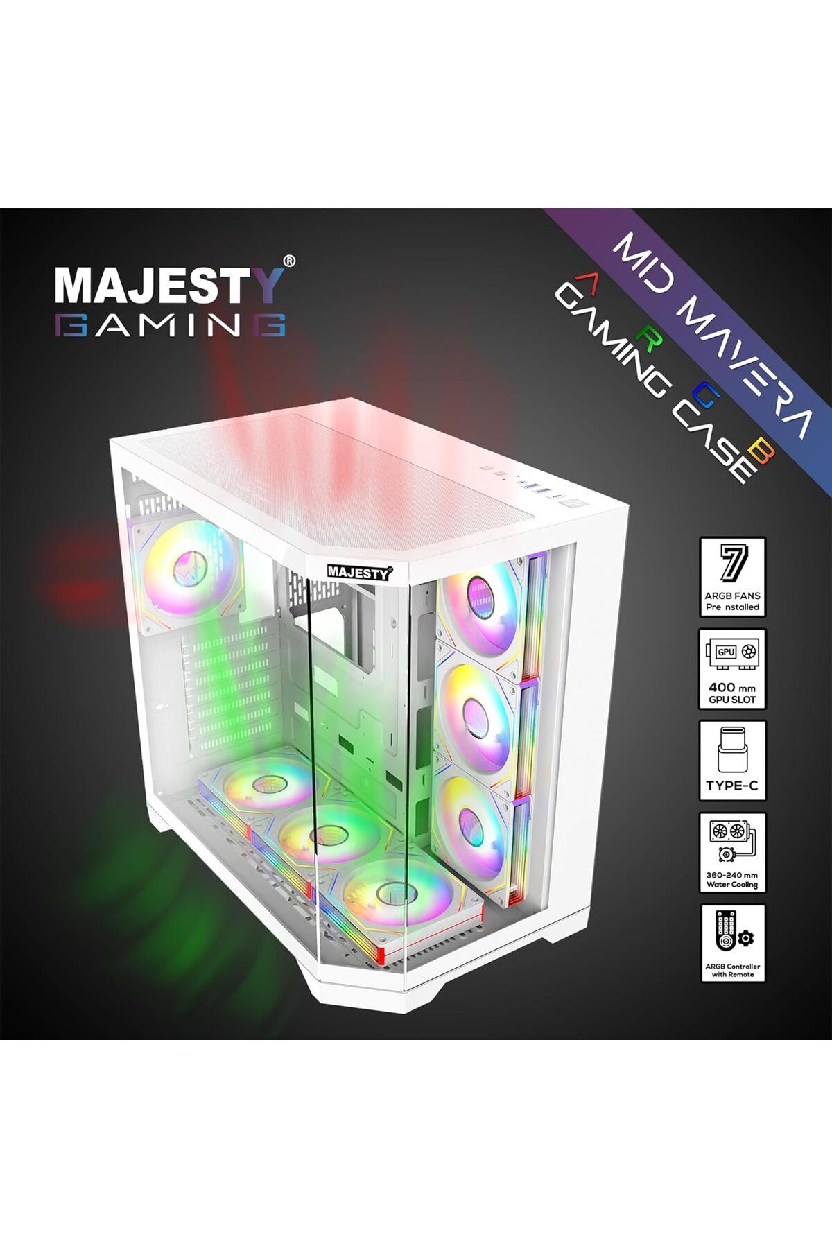 majesty-Majesty Midmavera Midtower Case, 7 ARGB Fans, Tempered Glass, ATX, Type-C & 2xUSB 3.0 Support, White 7