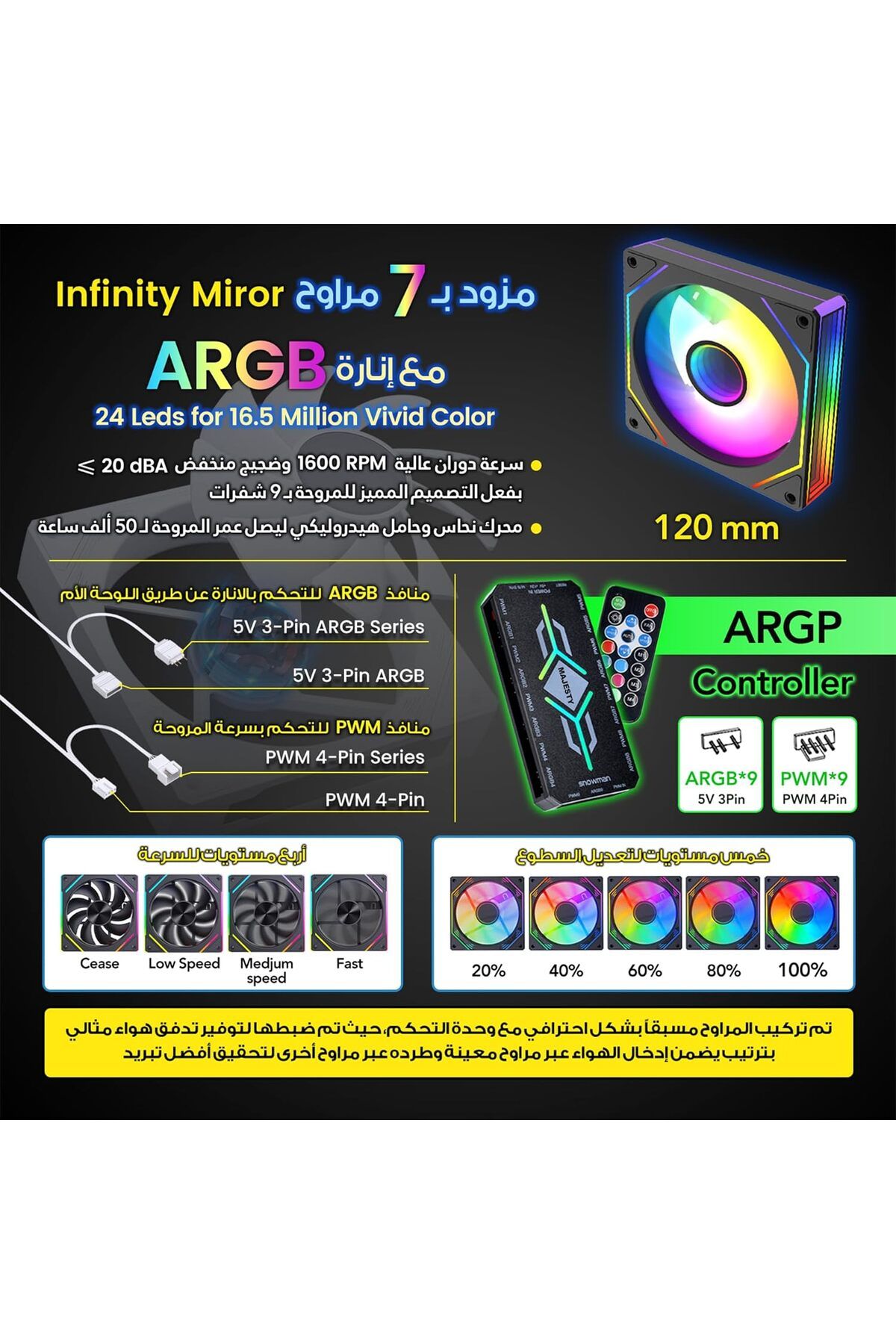 majesty-Majesty Midmavera Midtower Case, 7 ARGB Fans, Tempered Glass, ATX, Type-C & 2xUSB 3.0 Support, Black 4