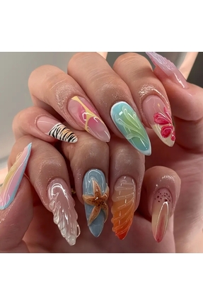 PİRAYE AKSESUAR 24'lü Renkli 3D Kabartmalı Deniz Okyanus Temalı Uzun Badem Je...