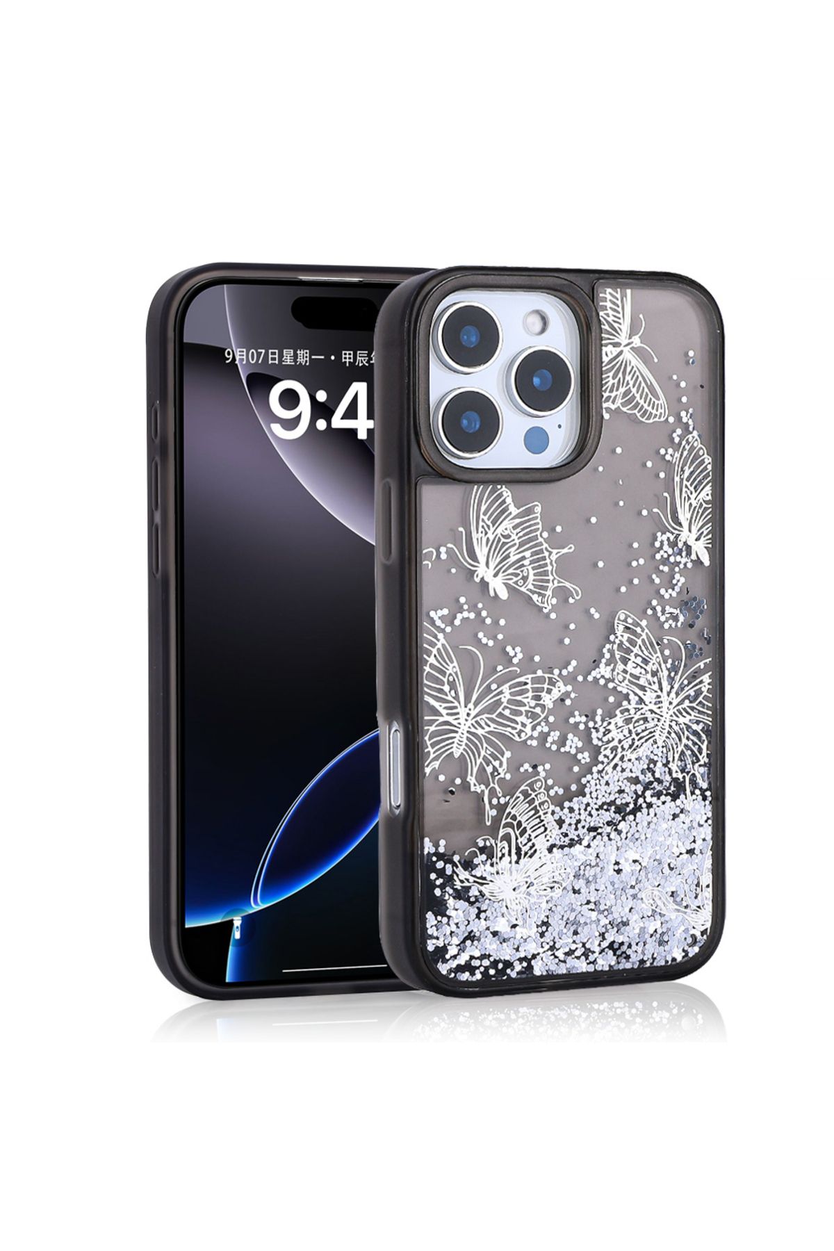 halkhouse İphone 15 Pro Max Kılıf Sıvılı Simli Kelebek Baskılı Şeffaf Arka Yüzey Şık Glis Silikon Kapak