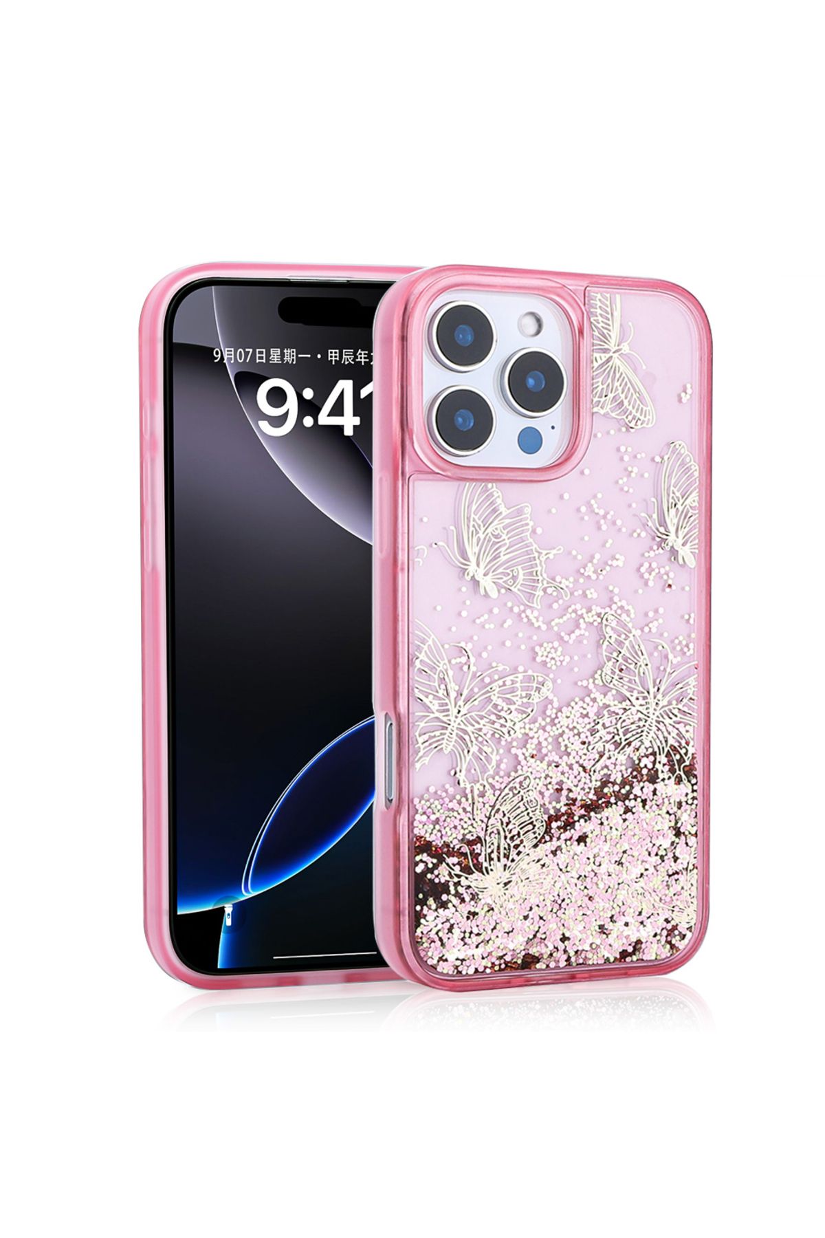 halkhouse İphone 14 Pro Max Kılıf Sıvılı Simli Kelebek Baskılı Şeffaf Arka Yüzey Şık Glis Silikon Kapak