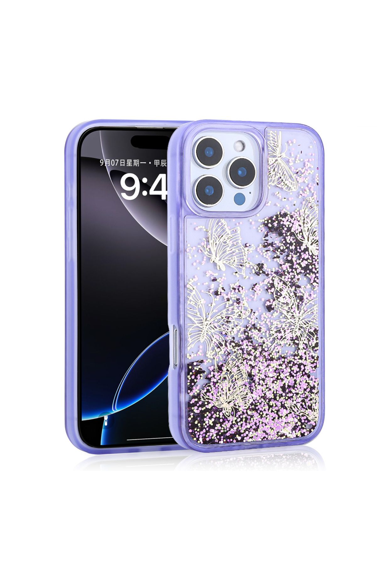 halkhouse İphone 14 Pro Max Kılıf Sıvılı Simli Kelebek Baskılı Şeffaf Arka Yüzey Şık Glis Silikon Kapak