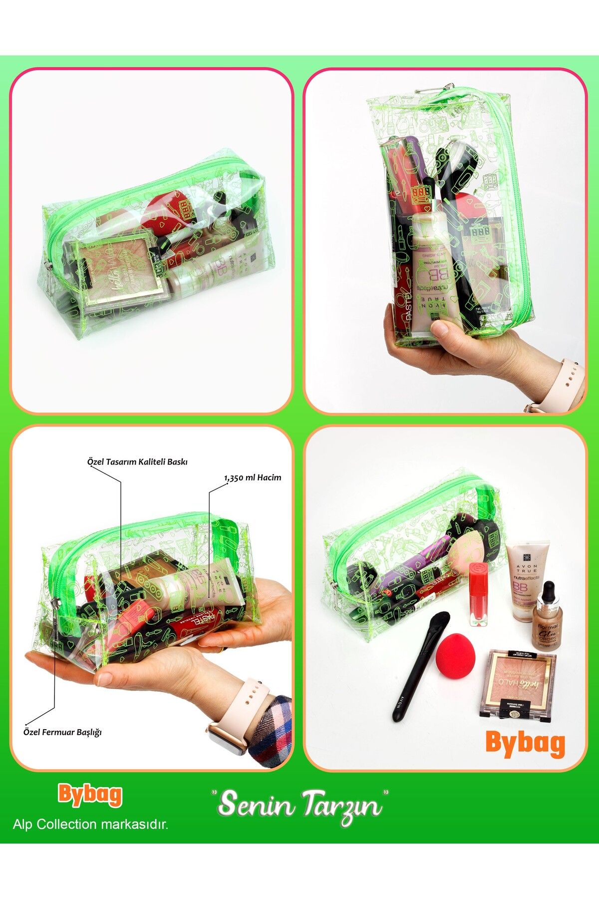BYBAG Materiale De Machiaj Imprimate Verde Colorat Pvc Transparent Machiaj Cosmetice De Călătorie Medicină Geantă Pentru Copii - One Size