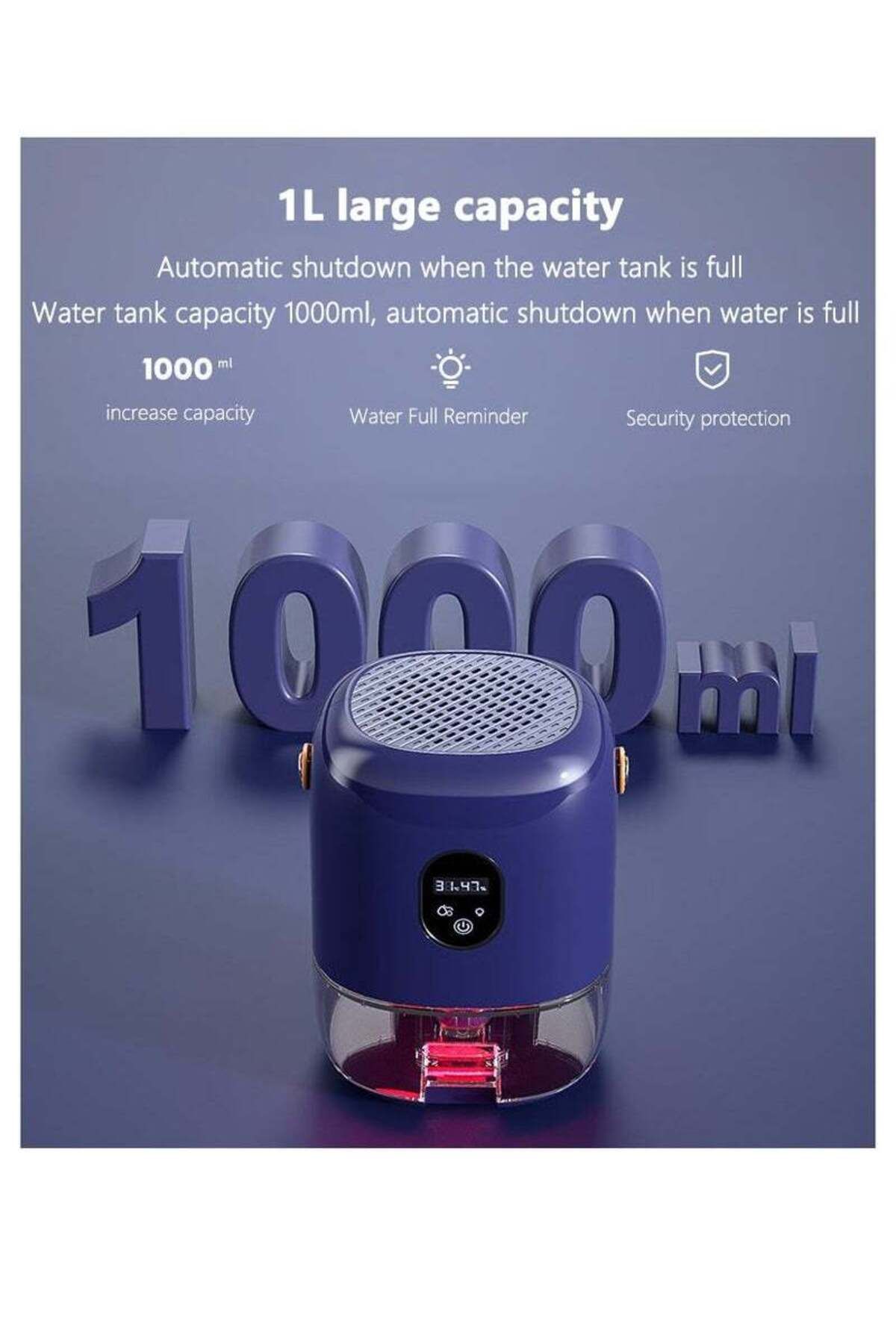 COOYA-مزيل رطوبة صغير محمول، 1000 مل، طريقتان للصرف، هادئ للغاية، مع مقبض وأنبوب تصريف، أزرق 3