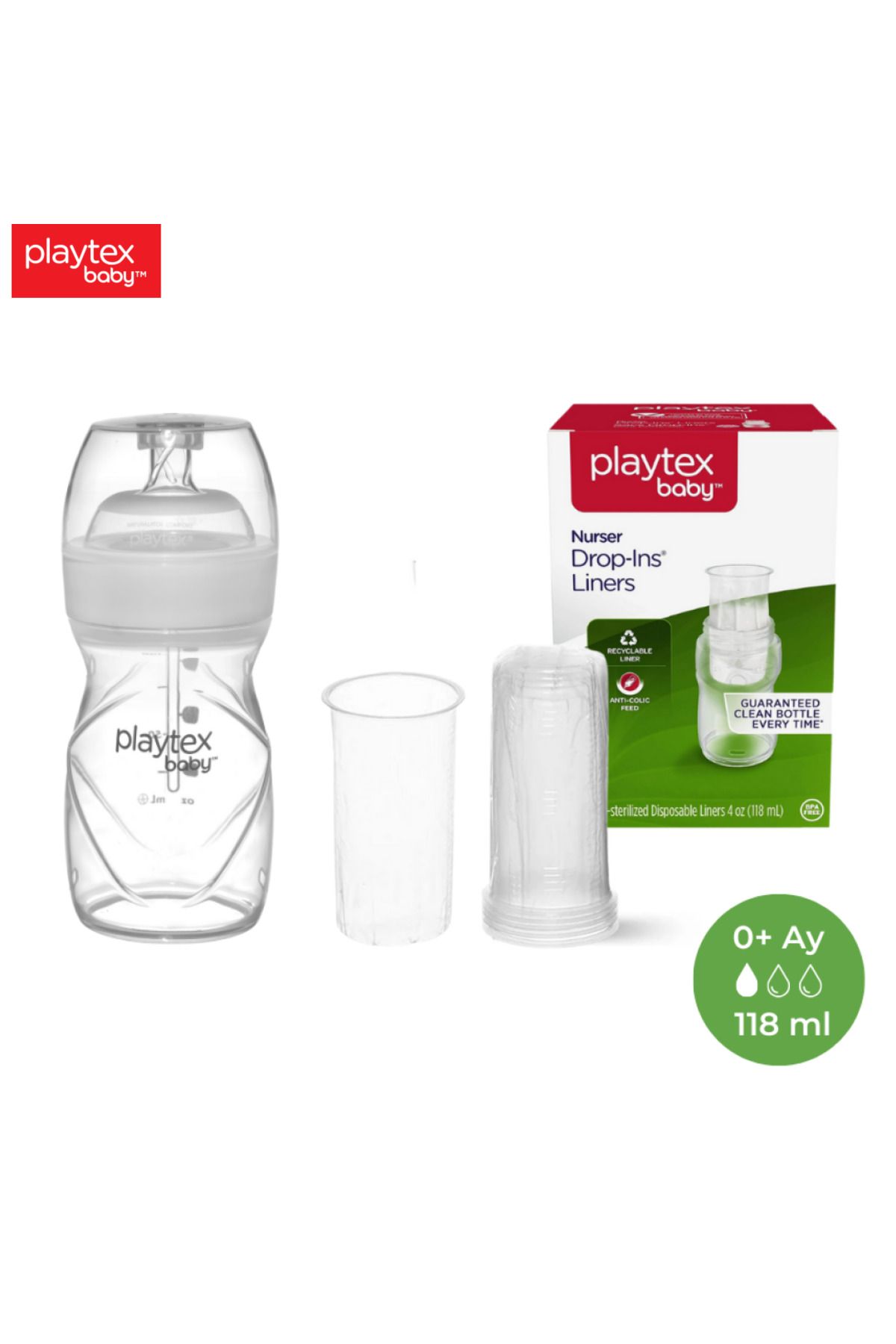 Playtex Baby Biberon&Liners Seti, 118ml 0+Ay, YavaşAkış ve100 adet  Tek Kullanımlık Sterilize Torba.