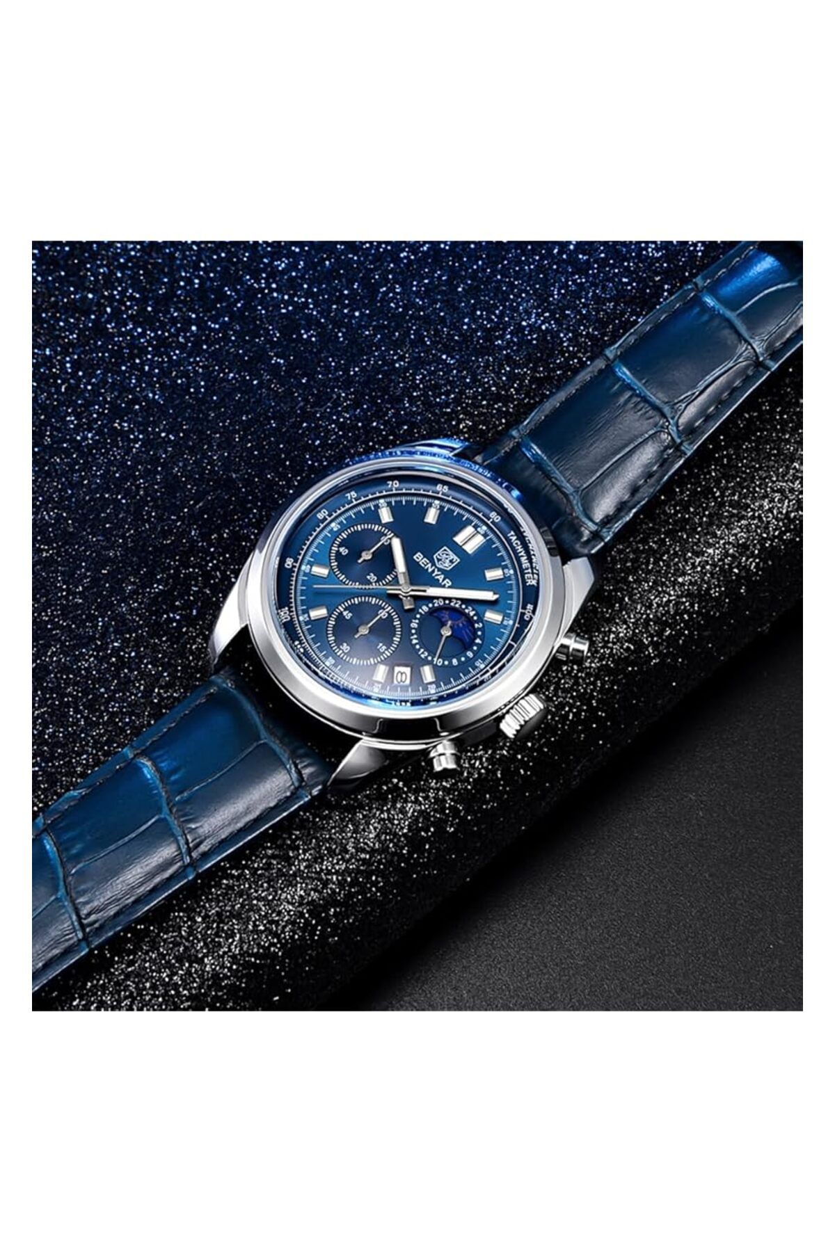 Generic-By Benyar Mens Watches Multifunction Chronograph Date Quartz Watch For Men Stainless Steel Analog 4
