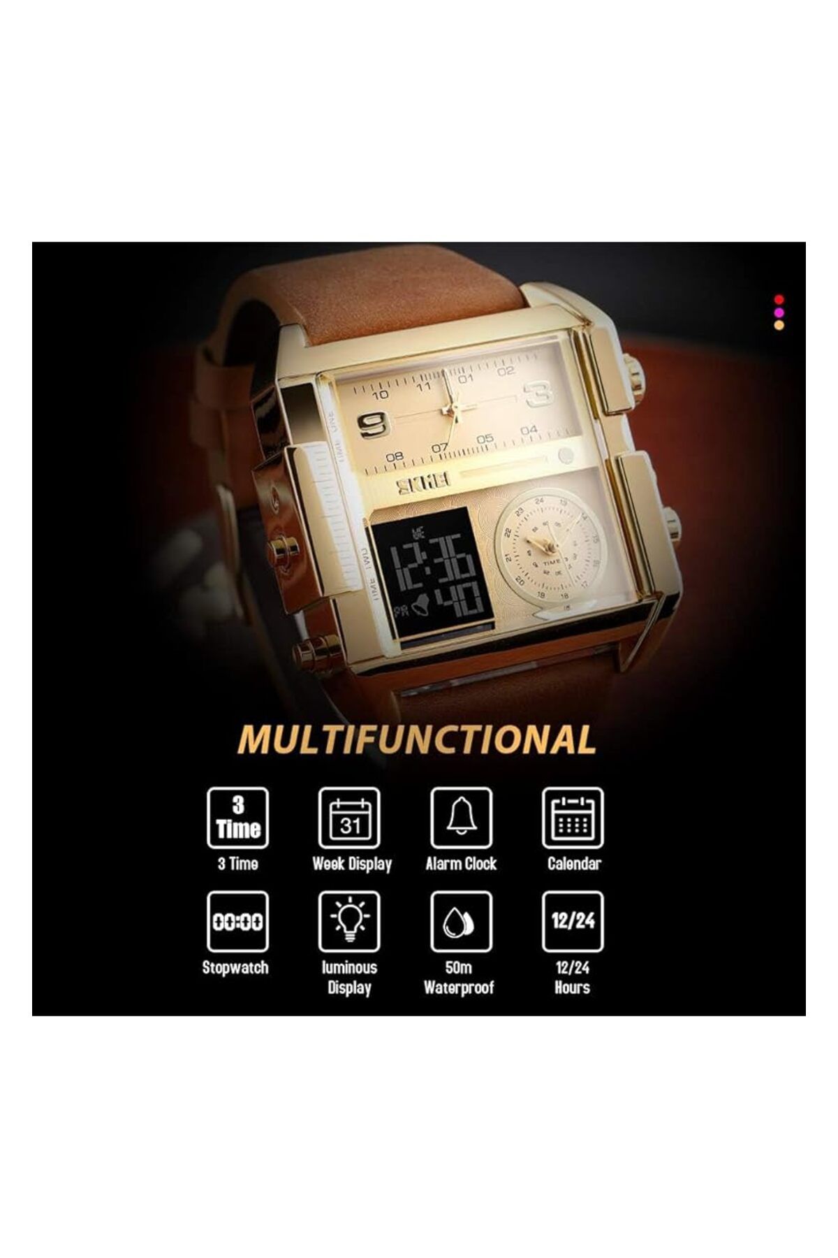 Generic-Men Unique Analog Watch With Dual Dial Cool Design Leather Band Dual Time Watches Analog Quartz 2