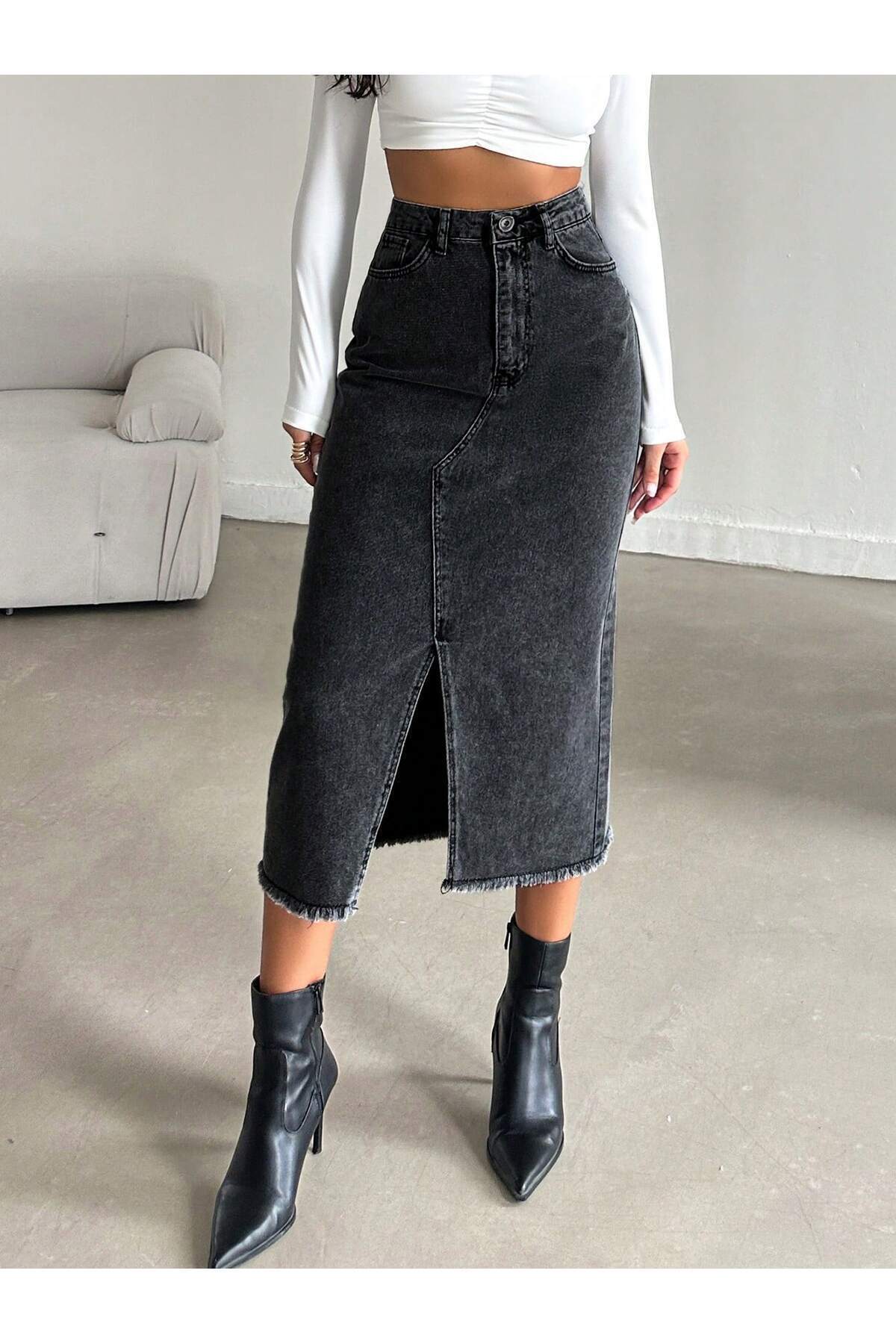 Dema  Kadın Denim Pamuklu Yırtmaçlı Uzun Siyah Etek - Görsel 8