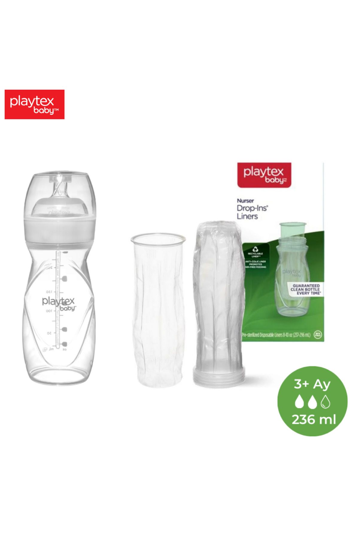 Playtex Baby Yenidoğan Biberon Seti, 236 ml, 3+ Ay, Yavaş Akış + 100 Tek Kullanımlık Torba.