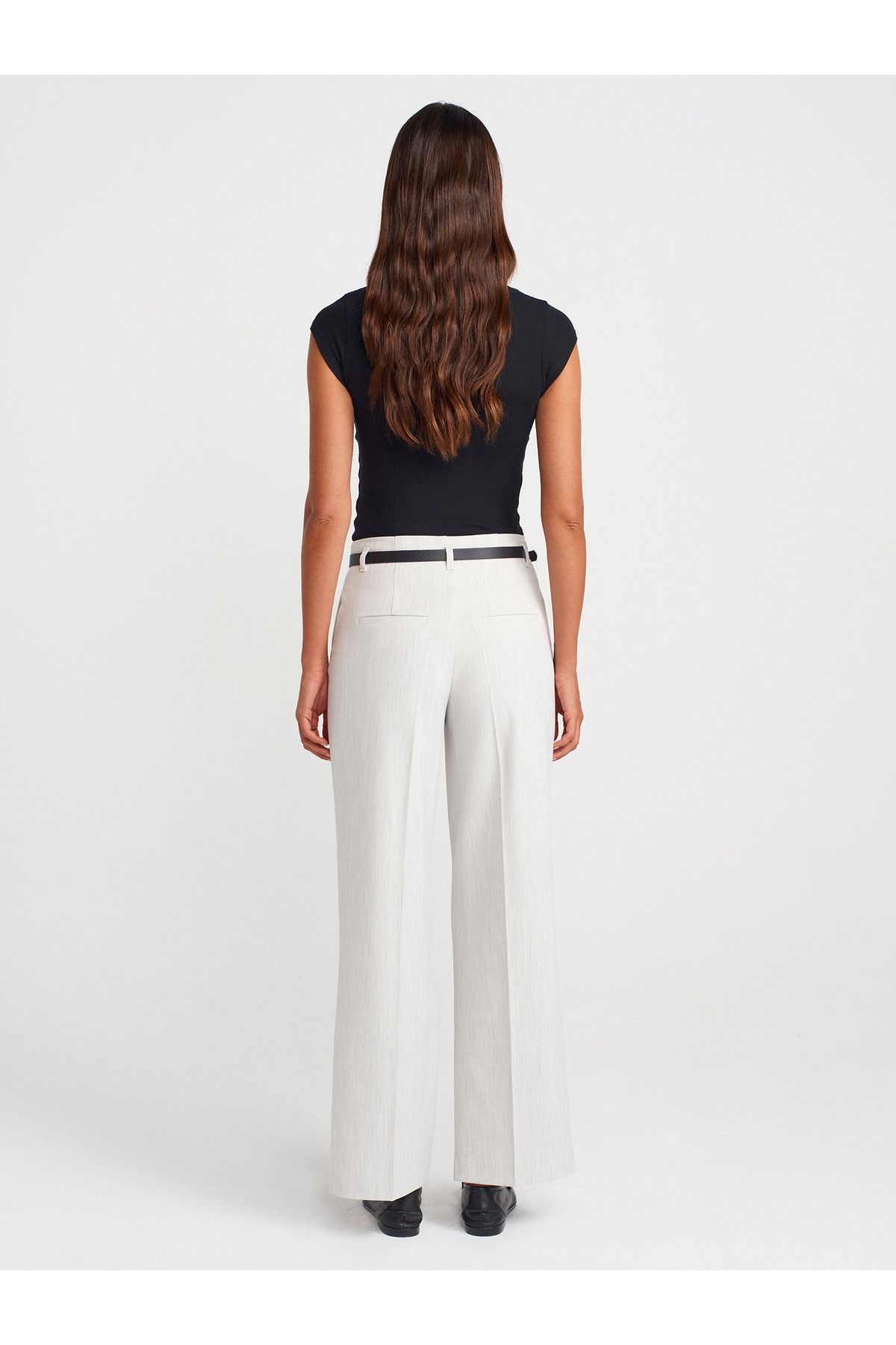 Dilvin-71660 High Waist Belted Trousers-Light Gray 2