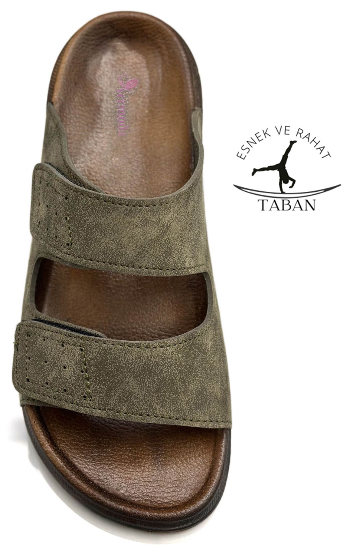 sermoda-Double Buckle Adjustable Width Flexible Comfortable Leather Men's Slippers 25103 C Khaki 3