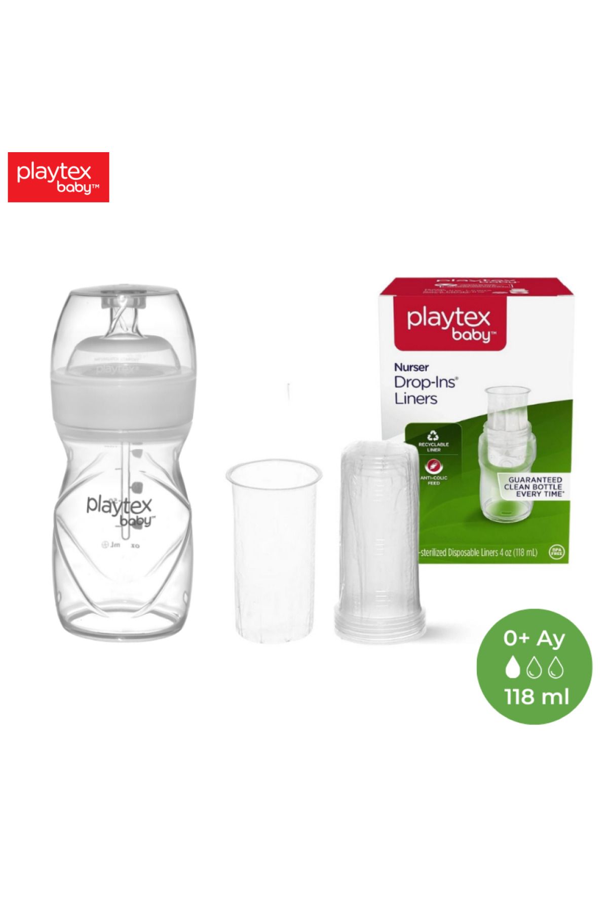 Playtex Baby Biberon&Liners Seti, 118ml 0+Ay, YavaşAkış ve 50 adet  Tek Kullanımlık Sterilize Torba.