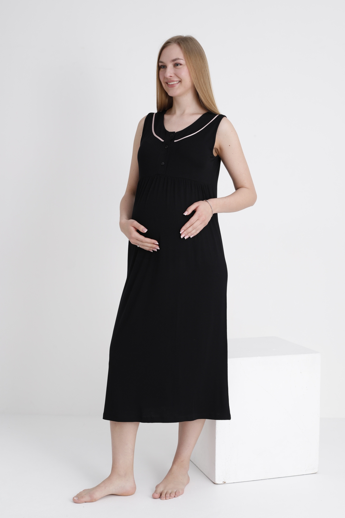 Miss Dünya Lissa Sabahlıklı Emzirmeye Uygun Şerit Detaylı Hamile ve Lohusa Sıfır Kol Gecelik Takımı fotoğrafı 3 (önizleme)