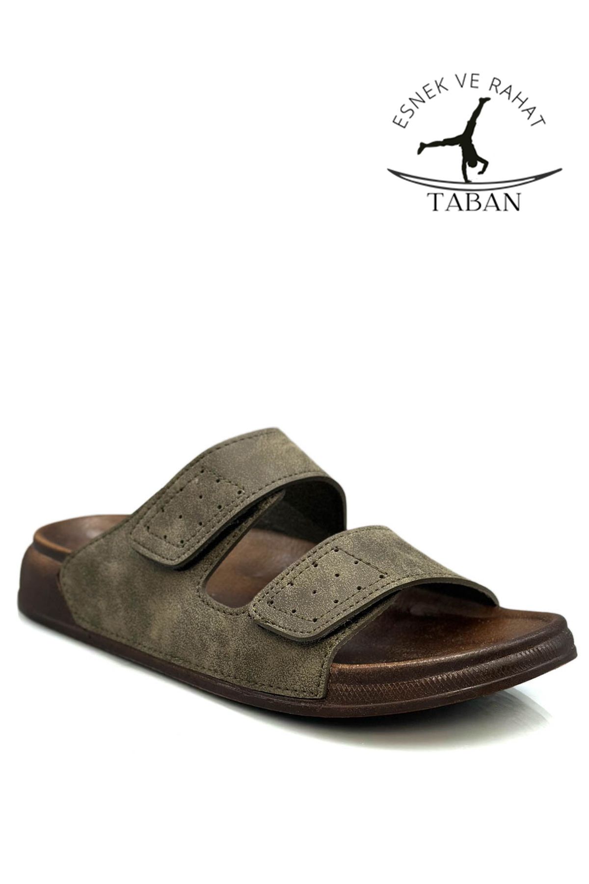 sermoda-Double Buckle Adjustable Width Flexible Comfortable Leather Men's Slippers 25103 C Khaki 7