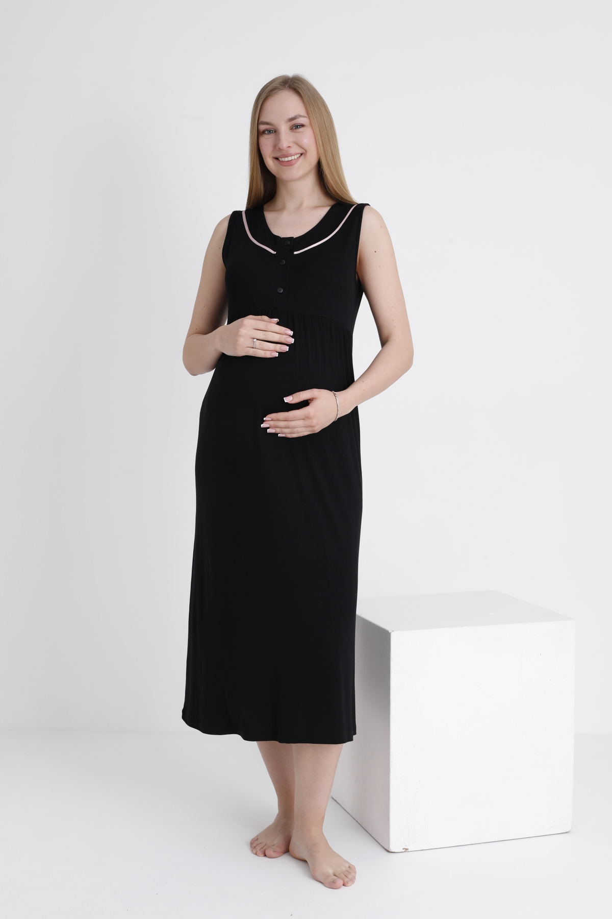 Miss Dünya Lissa Sabahlıklı Emzirmeye Uygun Şerit Detaylı Hamile ve Lohusa Sıfır Kol Gecelik Takımı fotoğrafı 6 (önizleme)