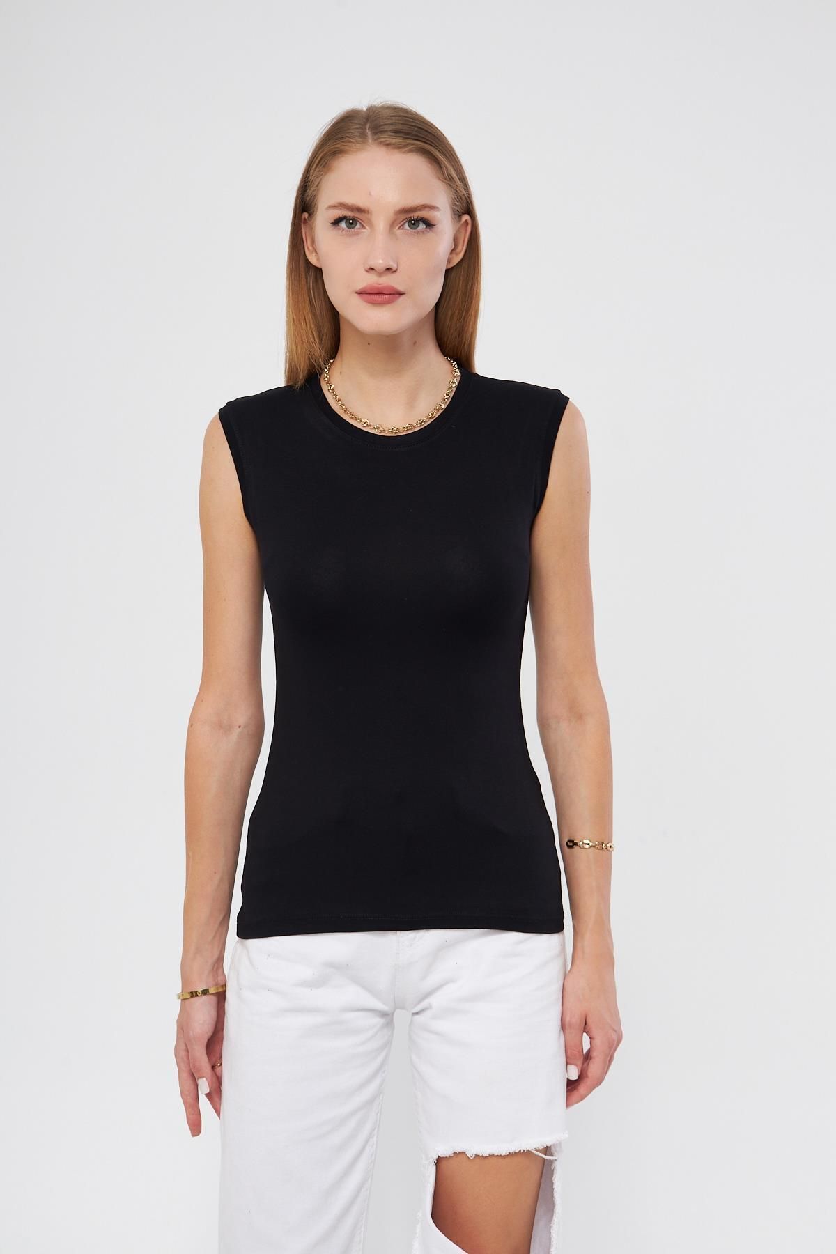 Irmak Kerekli-Women's Black Viscose Lycra Bodysuit - Crew Neck, Zero Sleeve Bodysuit 109 5