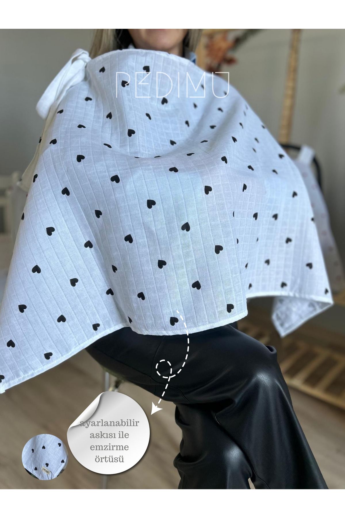Pedimu Müslin Siyah Kalpli Emzirme Önlüğü 60x100 cm – %100 Pamuk, Nefes Alabilen, Ayarlanabilir