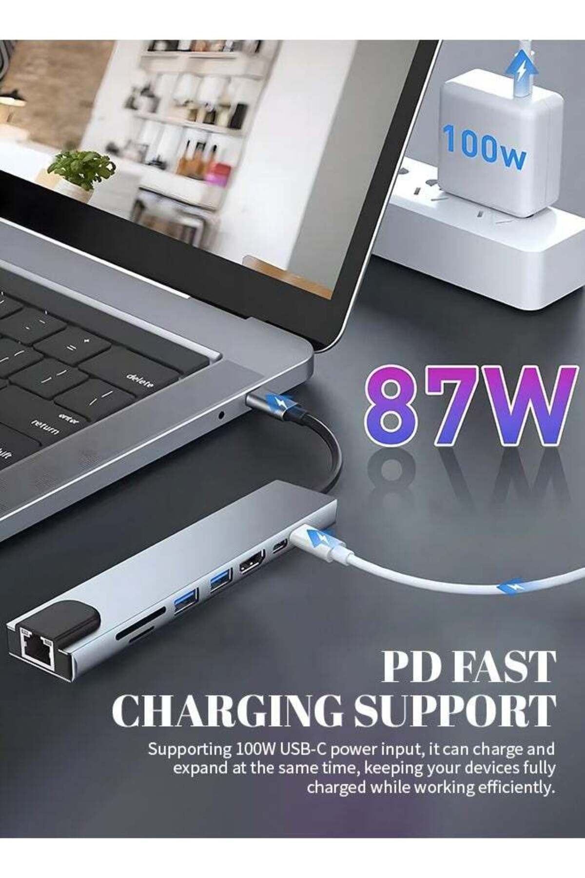 COOYA-محطة إرساء متعددة الوظائف 8 في 1 مع موزع USB-C مع USB (2.0/3.0/C)، تلفزيون عالي الدقة، قارئ بطاقات SD/TF 5