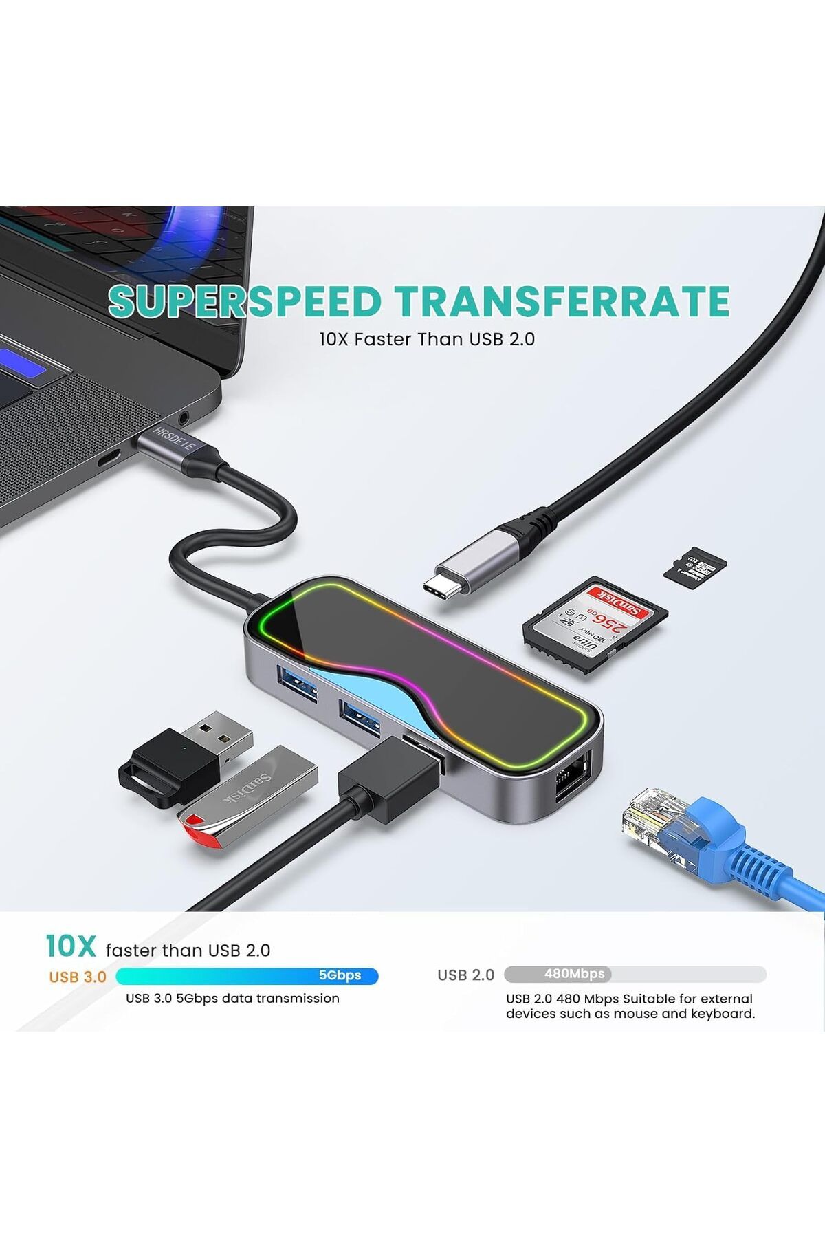 COOYA-محطة إرساء USB C، إيثرنت RJ45، موزع 7 في 1 100 واط PD، 3 منافذ USB 3.0، موزع محول متعدد المنافذ 3