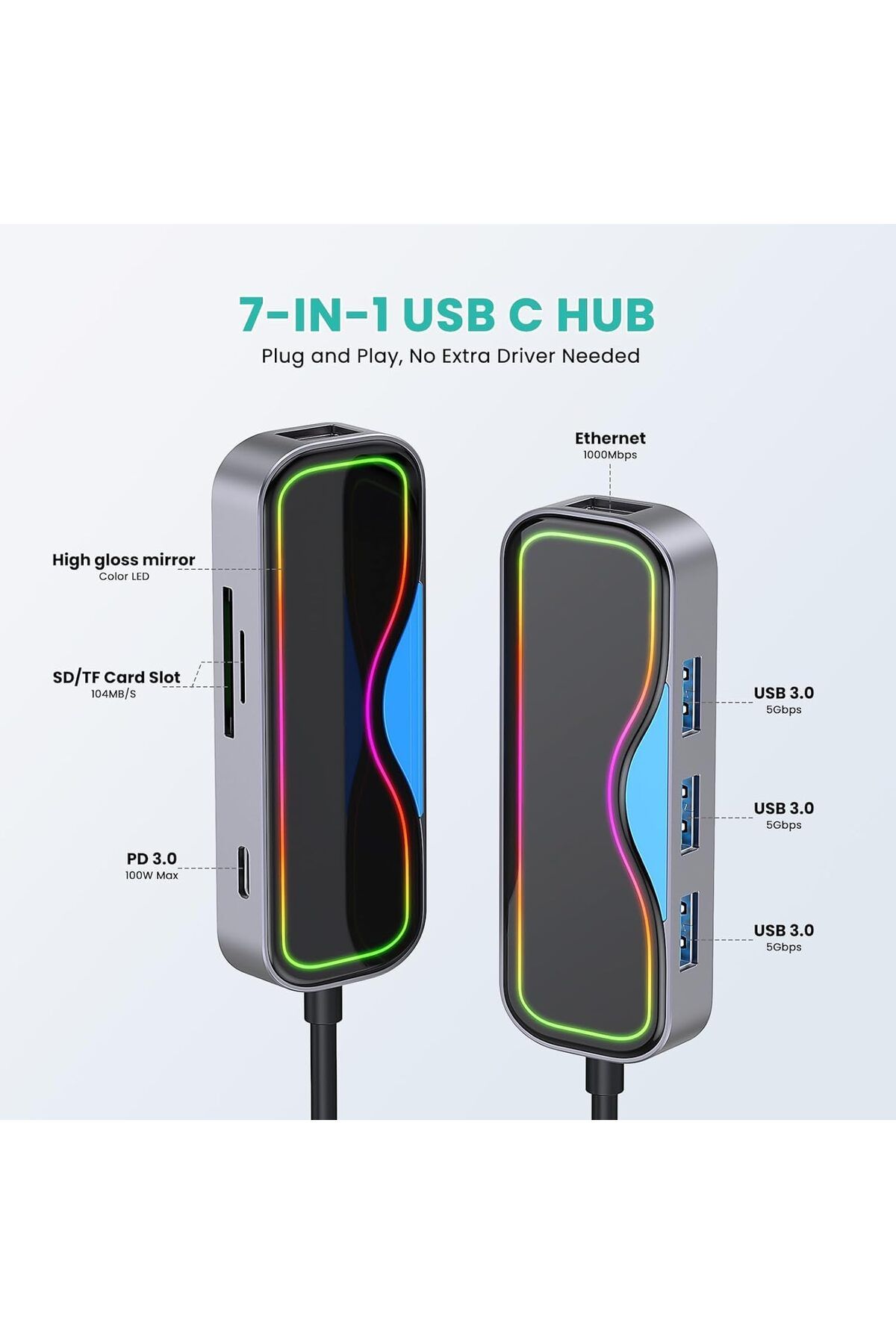 COOYA-محطة إرساء USB C، إيثرنت RJ45، موزع 7 في 1 100 واط PD، 3 منافذ USB 3.0، موزع محول متعدد المنافذ 4