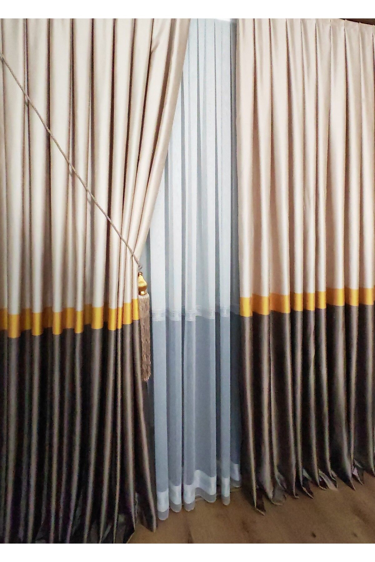 Yuka-Milano Adde Panel Background Curtain, Mink Brown and Gold Stripe Single Wing 1/3 Dense Pleated 6