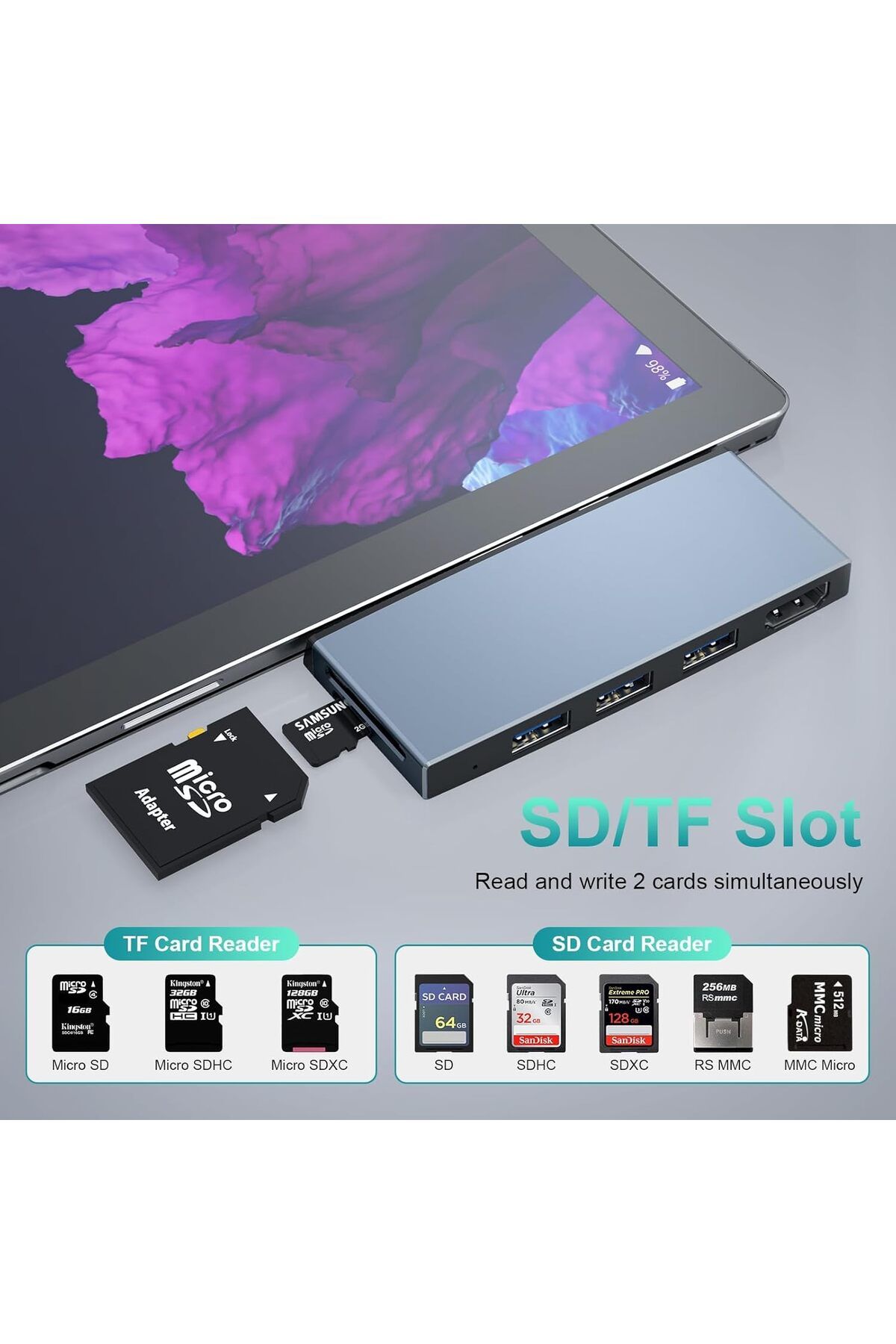 COOYA-6-in-2 USB Hub, 4K HDMI, USB3.0, SD/TF Card Reader, Microsoft Surface Pro 4/5/6 Compatible 2