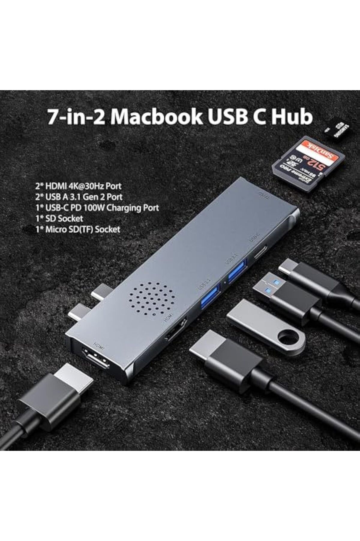 COOYA-موزع USB C، شاشة ثلاثية 7 في 2، منفذ HDMI 4K@30Hz، 100 واط PD، 2*USB 3.1، قارئ بطاقات SD وMicro SD 2
