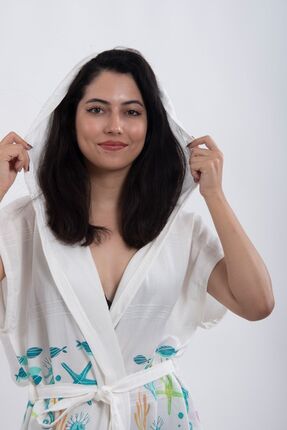 Genel Markalar Kapüşonlu Pareo Kuşaklı Beachwear Peştemal Deniz Altı Desenli ...